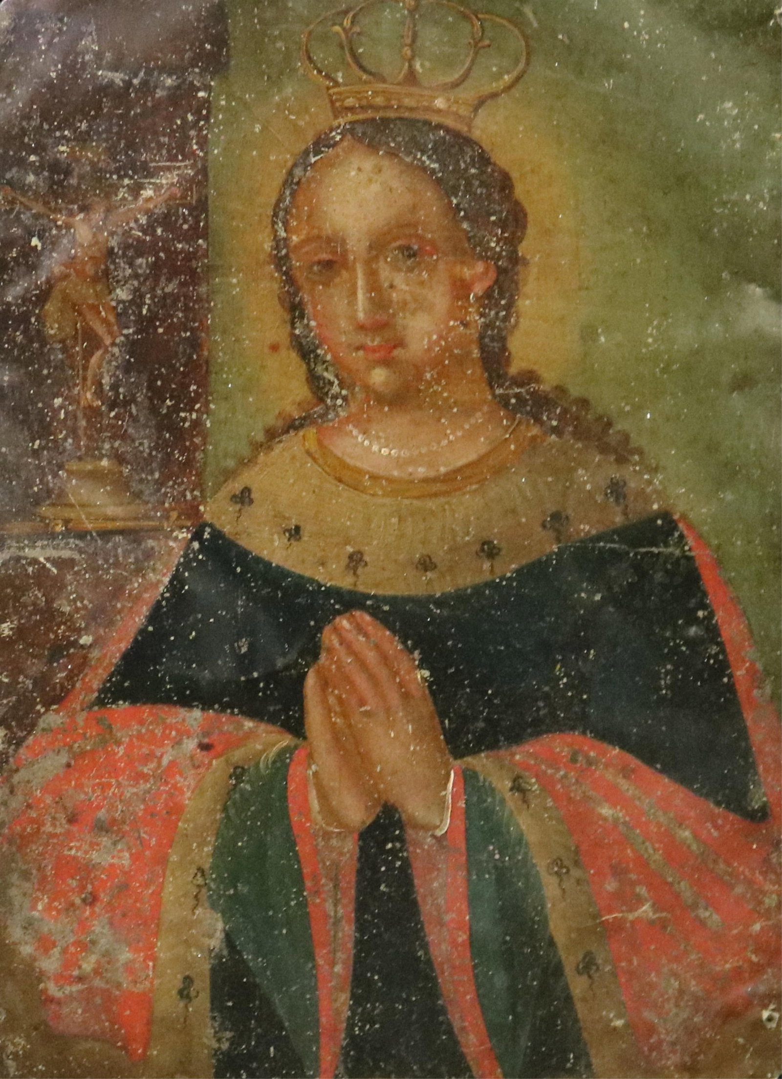 SPANISH COLONIAL OR MEXICAN DEVOTIONAL VIRGIN MARY RETABLO 19th century - 14 1/2 in. x 10 in.;: SPANISH COLONIAL OR MEXICAN DEVOTIONAL VIRGIN MARY RETABLO 19th century painted on tin. 14 1/2 in. x 10 in.; frame: 20 in. x 16 in.