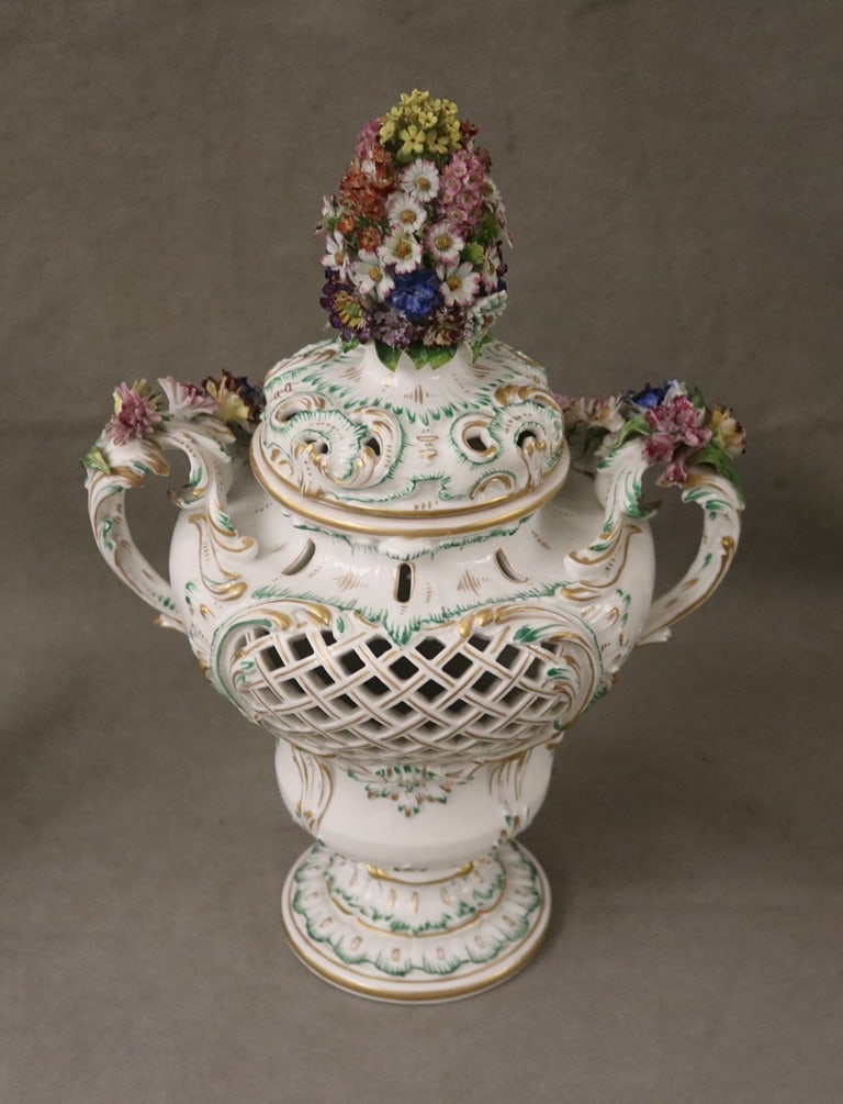 DRESDEN (CARL THIEME) POLYCHROMED PORCELAIN LIFT-COVER PORCELAIN URN AND SIMILAR BUT NON-ASSOCIATED (1 of 7)