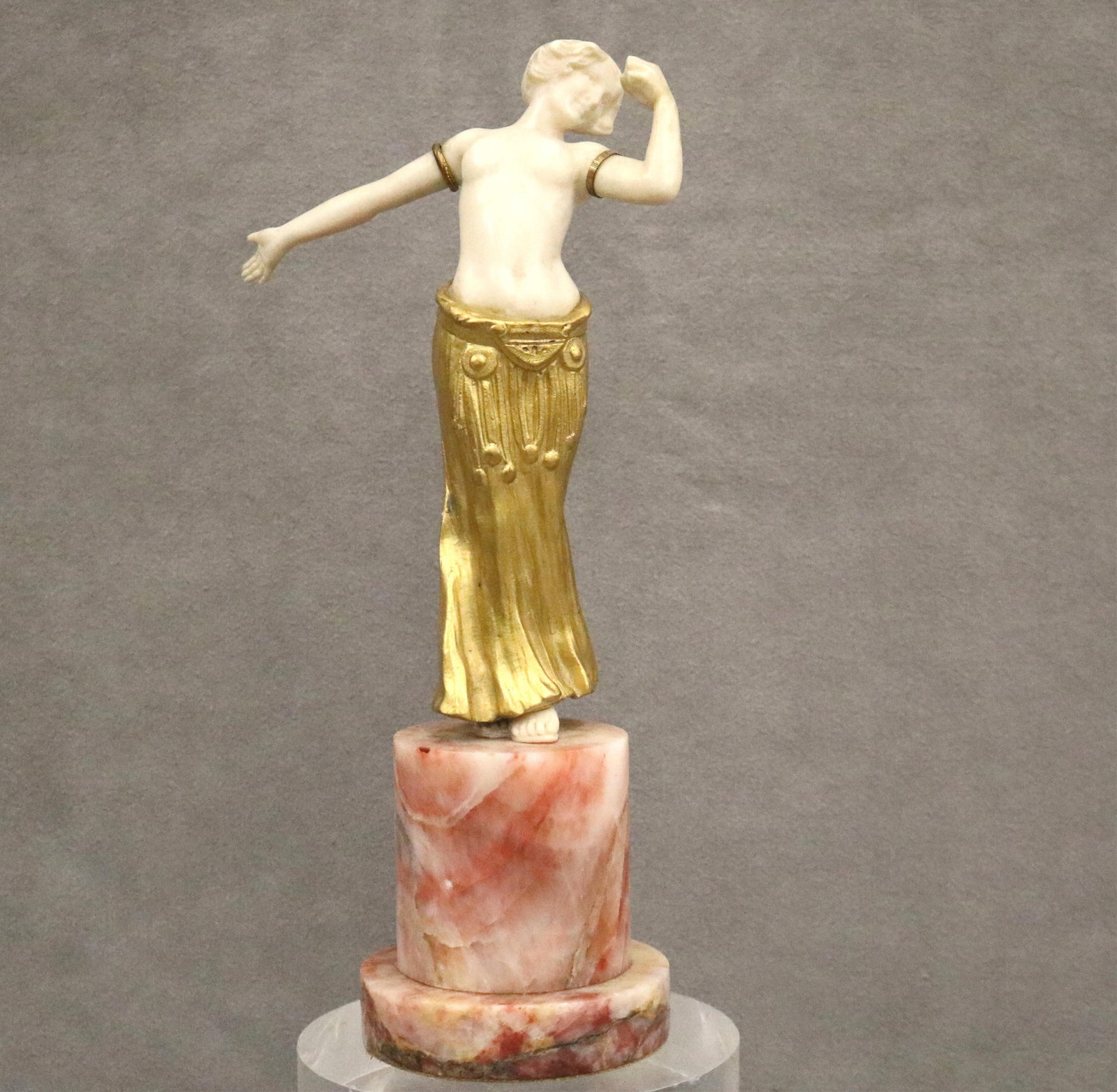 LOUIS BARTHÉLEMY, (French 1890-1925). ART DECO SIGNED GILT BRONZE FIGURE OF DANCING GIRL ON MARBLE: LOUIS BARTHÉLEMYFrench, 1890-1925ART DECO SIGNED GILT BRONZE FIGURE OF DANCING GIRL ON MARBLE SOCLESigned.H: 9 1/4 in.