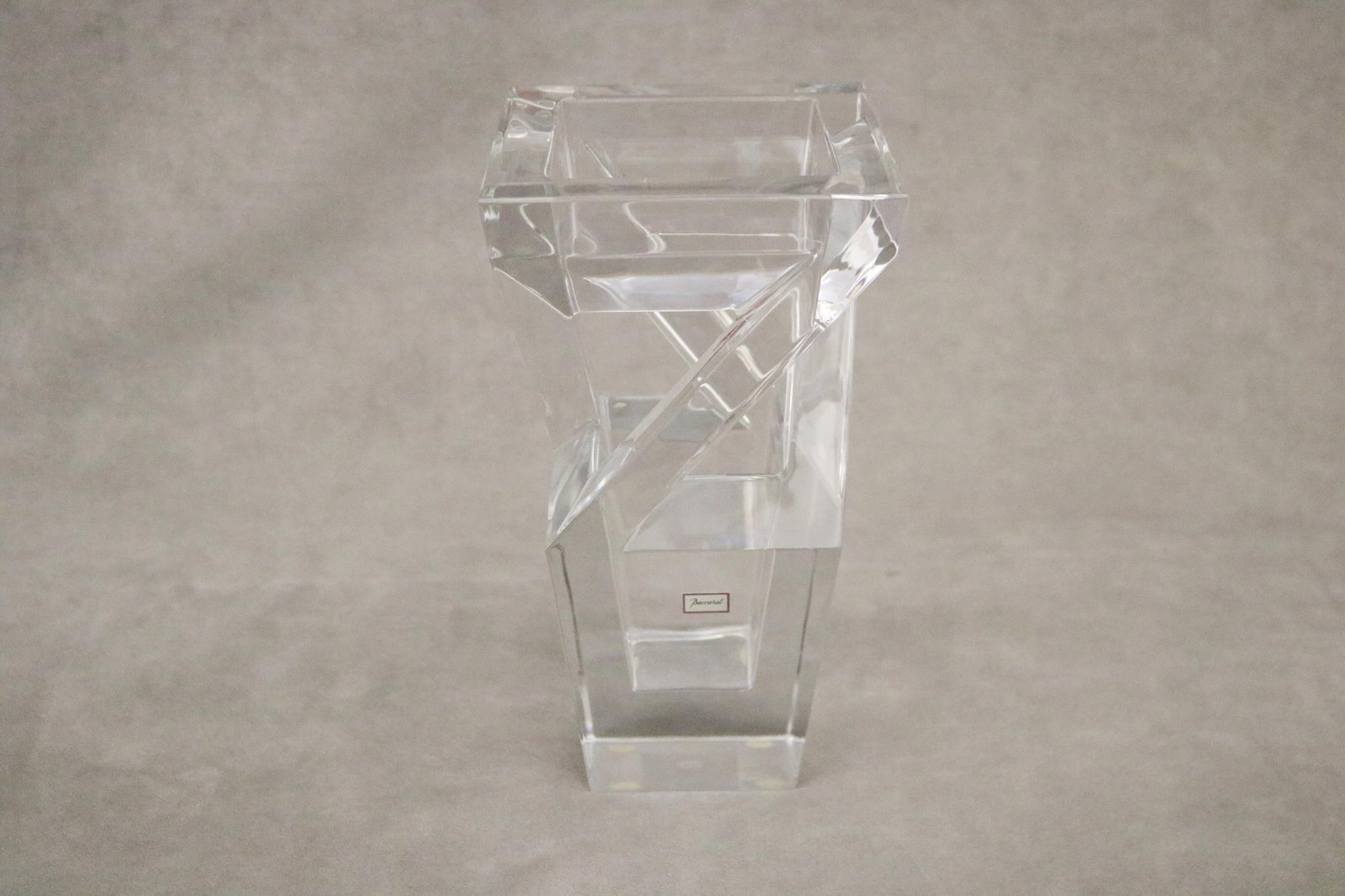 SIGNED BACCARAT COLORLESS CRYSTAL OPEN-WORK FLARING SQUARE GEOMETRIC VASE - Height: 9 3/8"..: SIGNED BACCARAT COLORLESS CRYSTAL OPEN-WORK FLARING SQUARE GEOMETRIC VASE Height: 9 3/8".