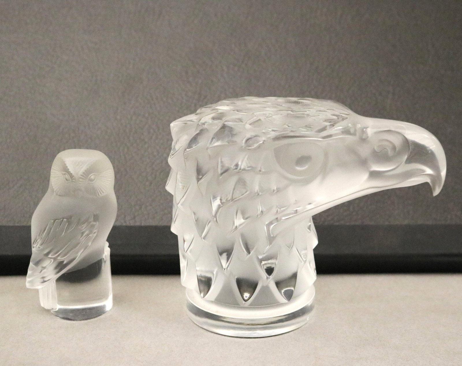 Signed Lalique Frosted Eagle Head Hood Ornament and Owl Paperweight - .: Signed Lalique Frosted Eagle Head Hood Ornament and Owl Paperweight Each one signed.