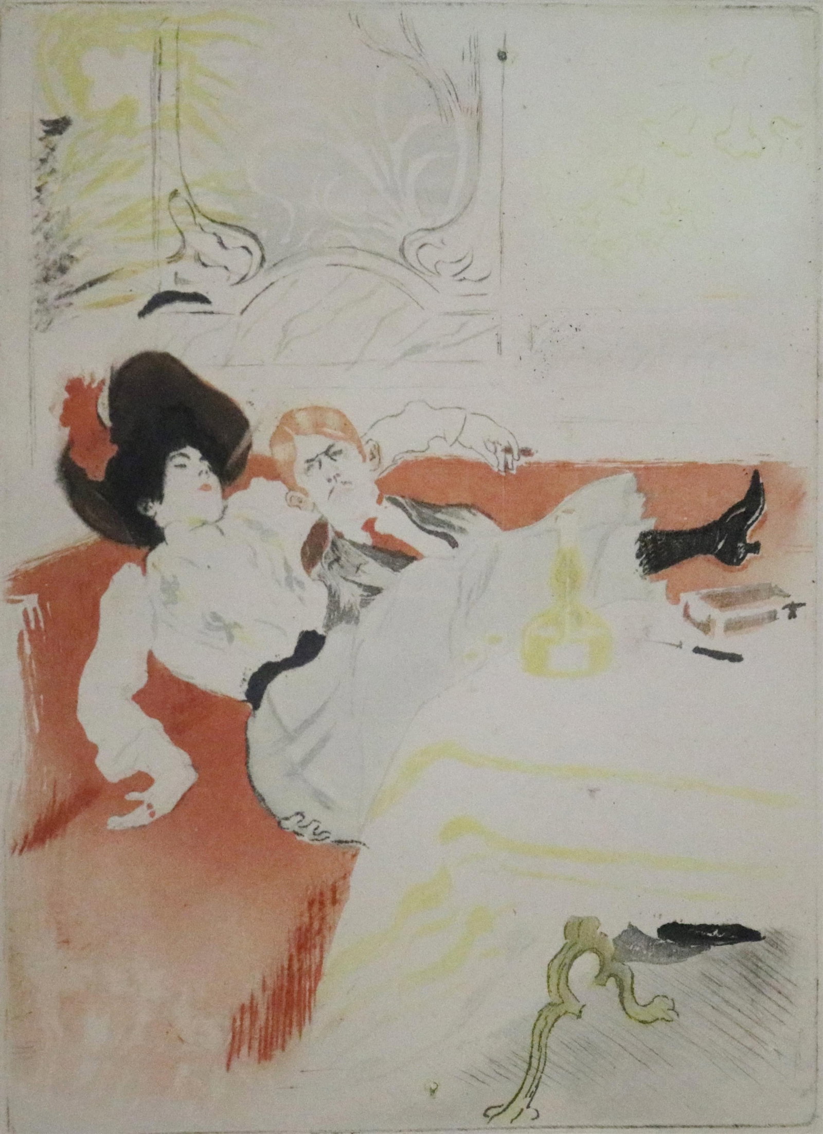 LOUIS AUGUSTE MATHIEU LEGRAND (AFTER), (French 1863–1951). Couple Reclining in a Private Booth,: LOUIS AUGUSTE MATHIEU LEGRAND (AFTER)French, 1863–1951Couple Reclining in a Private Booth, circa 1904etching and aquatintPencil signed and dedicated lower right. Undated. Etching with aquatint that