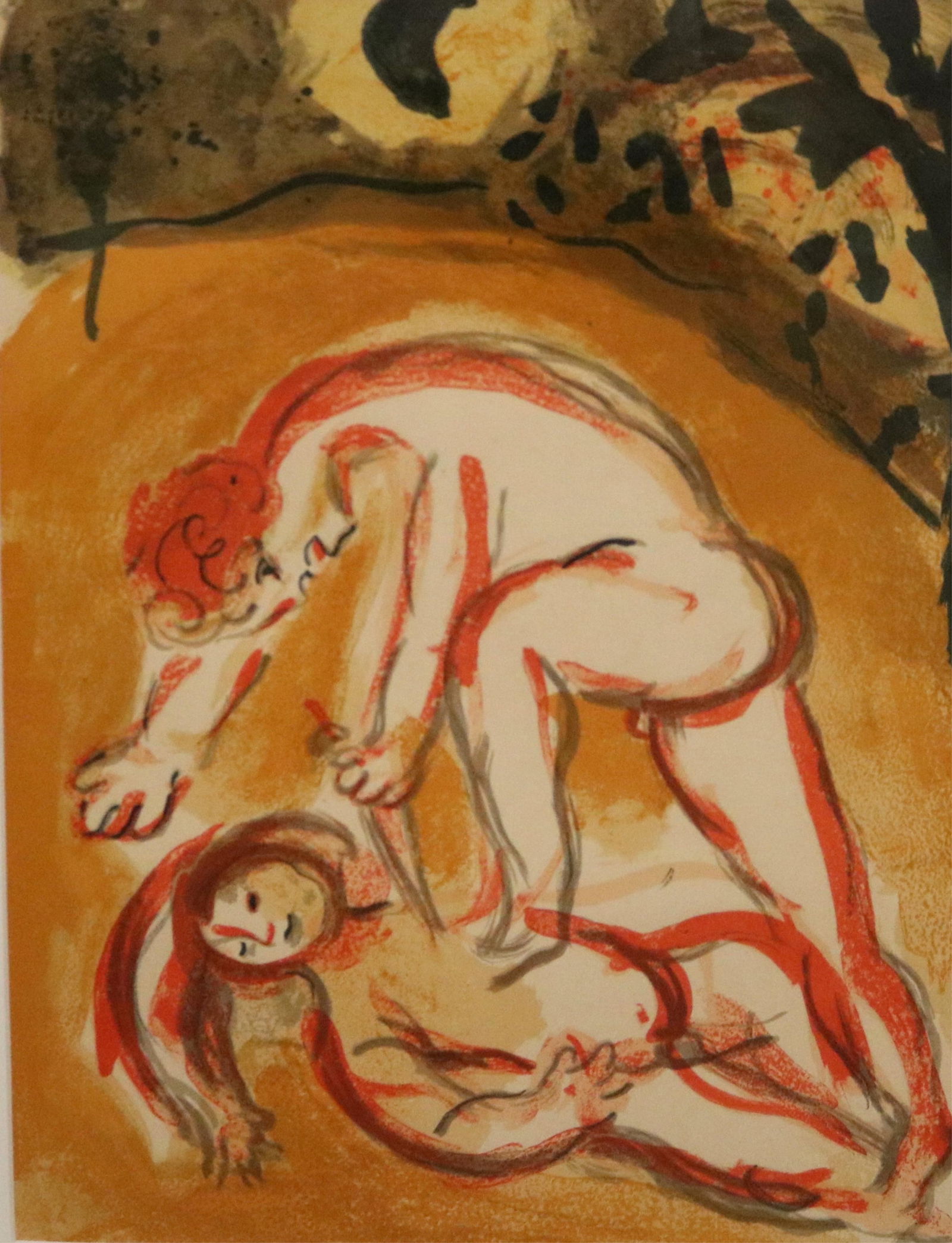 MARC CHAGALL (AFTER), (Russian / French 20th century). Cain and Abel, circa 1960, Color lithograph,: MARC CHAGALL (AFTER)Russian / French, 20th centuryCain and Abel, circa 1960Color lithographColor lithograph likely produced by the Mourlot workshop in Paris; the work was commissioned by publisher Té