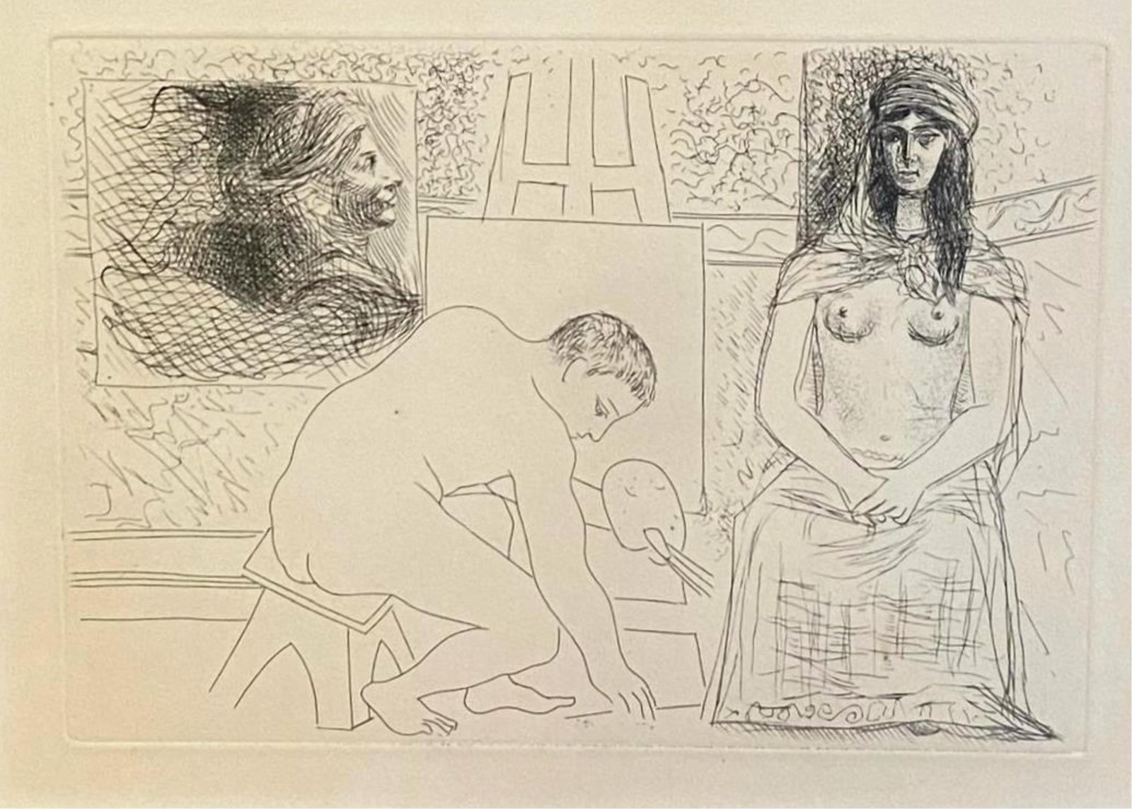 PABLO PICASSO, (Spanish 1881-1973). Painter Picking up his Brush, with a Model in a Turban (plate: PABLO PICASSOSpanish, 1881-1973Painter Picking up his Brush, with a Model in a Turban (plate seven from Le Chef d’oeuvre inconnu)Etching on copper in black on ivory wove paperPlate dated 1927–28,