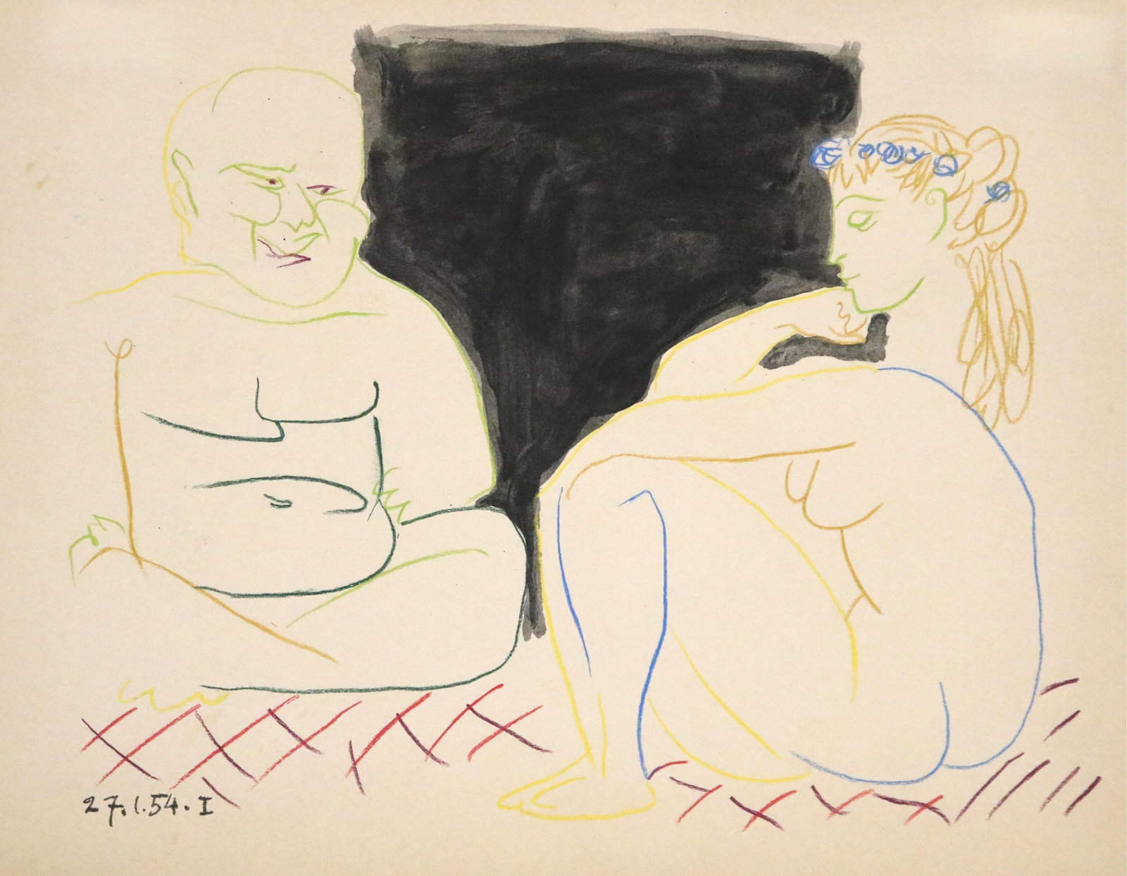 PABLO PICASSO, (Spanish 20th century). Clown and Nude Woman with Flowers (from "La Comédie Humaine": PABLO PICASSOSpanish, 20th centuryClown and Nude Woman with Flowers (from "La Comédie Humaine" series), circa 1954lithographlithograph from the "La Comédie Humaine" series dated January 27, 1954. Un