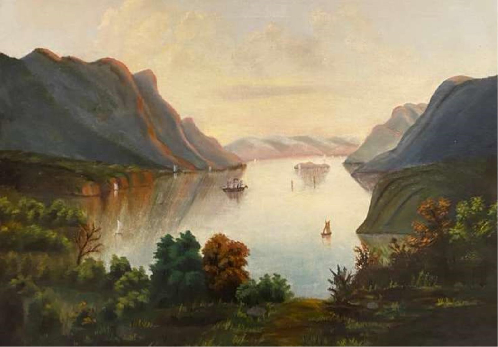 VICTOR DE GRAILLY (AFTER), (France/New York 1804-1889). Hudson River from Trophy Point, a scenic: VICTOR DE GRAILLY (AFTER)France/New York, 1804-1889Hudson River from Trophy Point, a scenic spot on the grounds of the West Point Military AcademyOil on canvas19th century oil on canvas of the Hudson