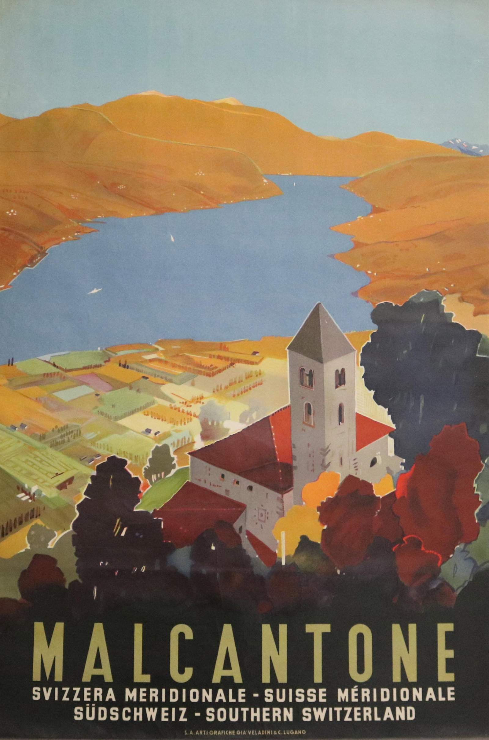 vintage travel poster for the Malcantone region in Southern Switzerland, designed by artist Daniele: vintage travel poster for the Malcantone region in Southern Switzerland, designed by artist Daniele Buzzi around 1950. circa1950 NOTE: Poster exhibits wear and minor discoloration. It is not backed on