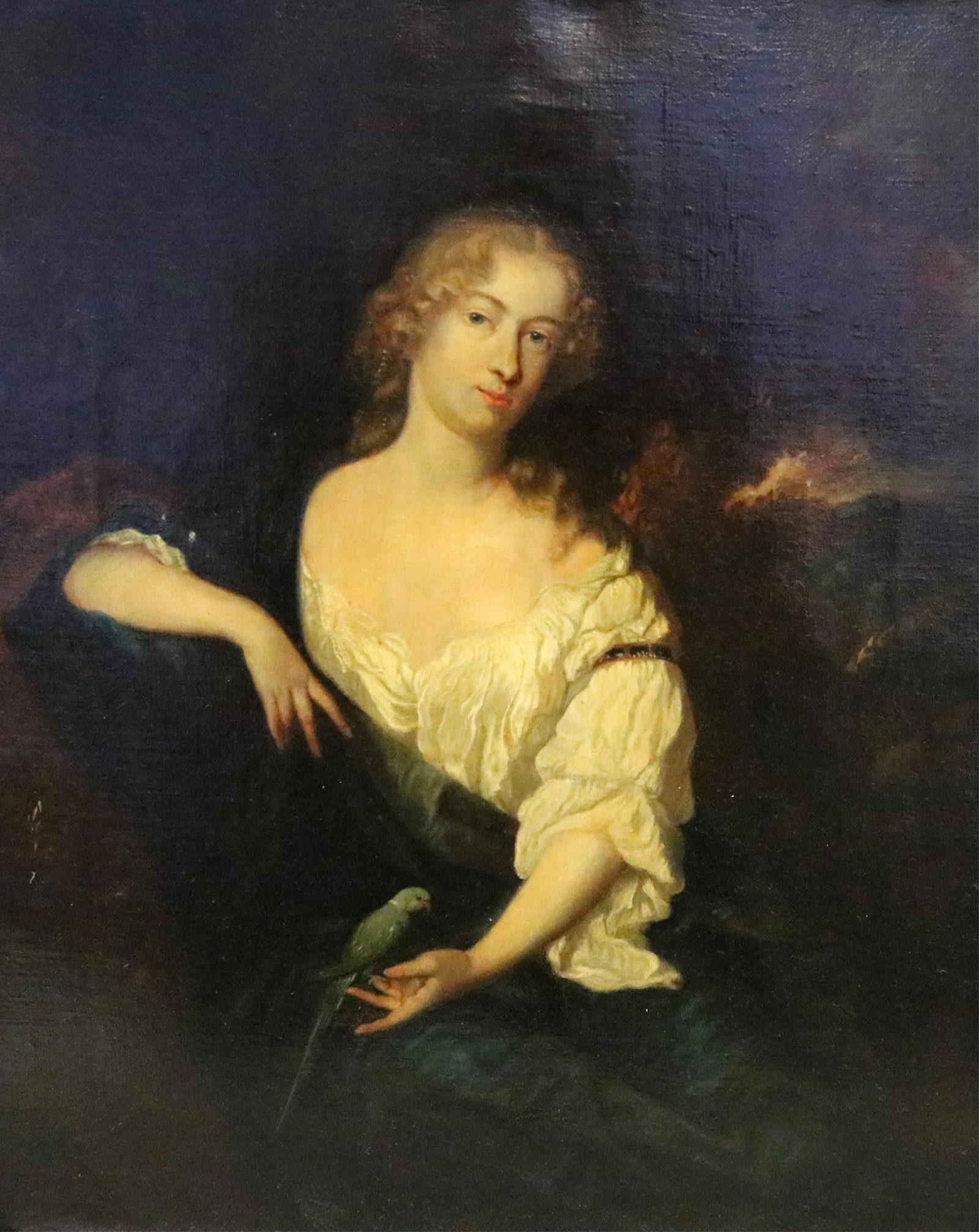 CASPAR NETSCHER (AFTER), (Dutch). Lady with a Parakeet, Oil on canvas, 19 x 15 inches; frame: 20 x: CASPAR NETSCHER (AFTER)DutchLady with a ParakeetOil on canvasUnsigned 18th / 19th century painting depicting an elegant noblewoman in a three-quarter pose against a dark background. She is dressed in
