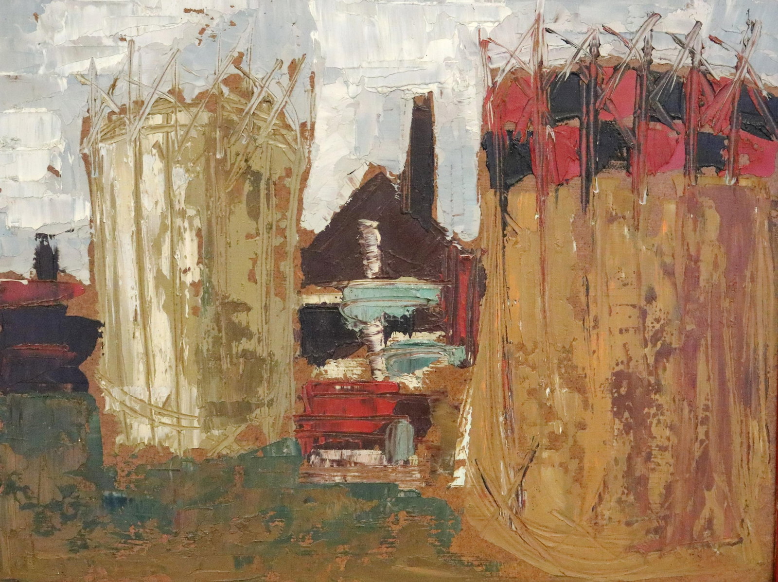 PAOLO PETRUCCI, (Italian born 1939). Industrial Landscape, Oil on board, 12 x 15 inches: PAOLO PETRUCCIItalian, born 1939Industrial LandscapeOil on boardVerso attributed. Framed.12 x 15 inches ARTIST PROFILE: Born in Rome in 1939, Paolo Petrucci developed a dual career as a