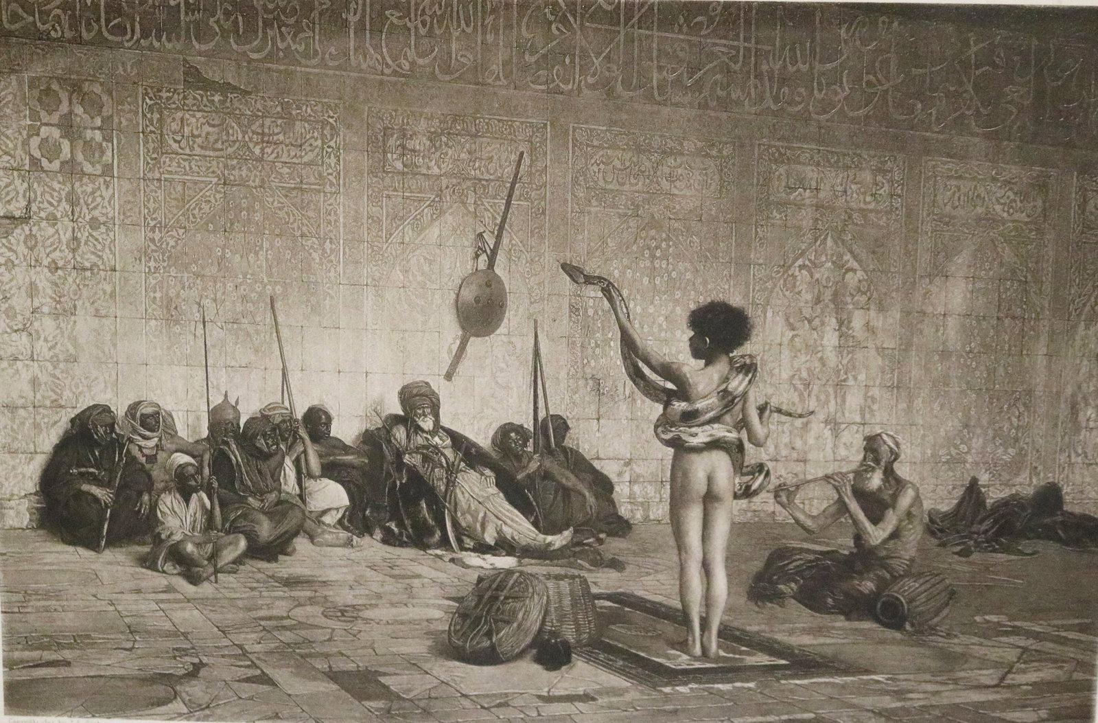 JEAN-LEON GEROME (AFTER), (English 1824-1904). The Serpent Charmer, 1894, photogravure, Plate;: JEAN-LEON GEROME (AFTER)English, 1824-1904The Serpent Charmer, 1894photogravureThis black-and-white photogravure is a reproduction of the famous 1879 Orientalist painting titled "The Snake Charmer" by