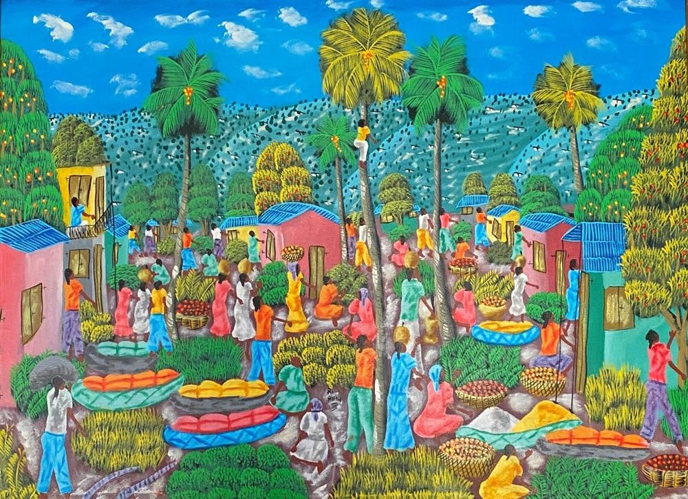 T PREGINALD ALABY, (Haiti 20th century). Haitian Marketplace in the Hills, Oil on canvas, Framed. -: T PREGINALD ALABYHaiti, 20th centuryHaitian Marketplace in the HillsOil on canvasSigned "R Alaby." This painting is a vibrant and lively example of Naïve or Folk Art, depicting a bustling, colorful v