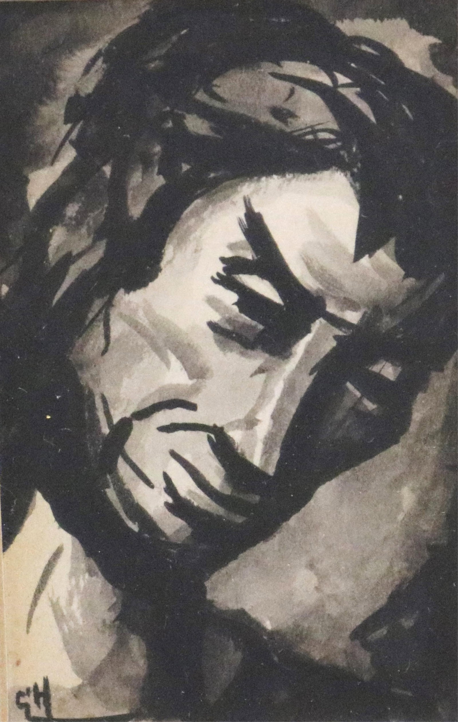 GERRIT HONDIUS, (Dutch / American 1891–1970). Portrait in Melancholy, circa 1952, Watercolor / Ink: GERRIT HONDIUSDutch / American, 1891–1970Portrait in Melancholy, circa 1952Watercolor / Ink on paperMonochrome work. Signed "GH" lower left. Framed. Not examined out of frame.Sight (as matted):