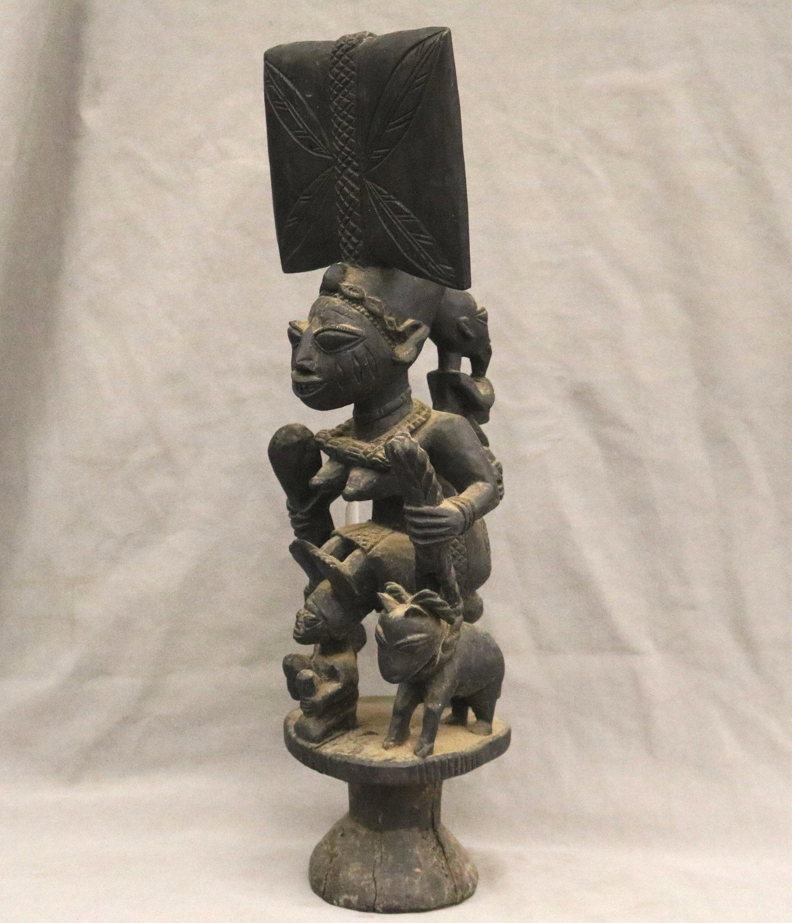 NIGERIAN YORUBA OSHE SHANGO DANCE WAD Nigeria - Height: 24.75 inches.: NIGERIAN YORUBA OSHE SHANGO DANCE WAD Nigeria This dance wand, known as an oshe Shango, is a primary ritual emblem of the Yoruba people of Nigeria, dedicated to Shango, the deity of thunder and lightn