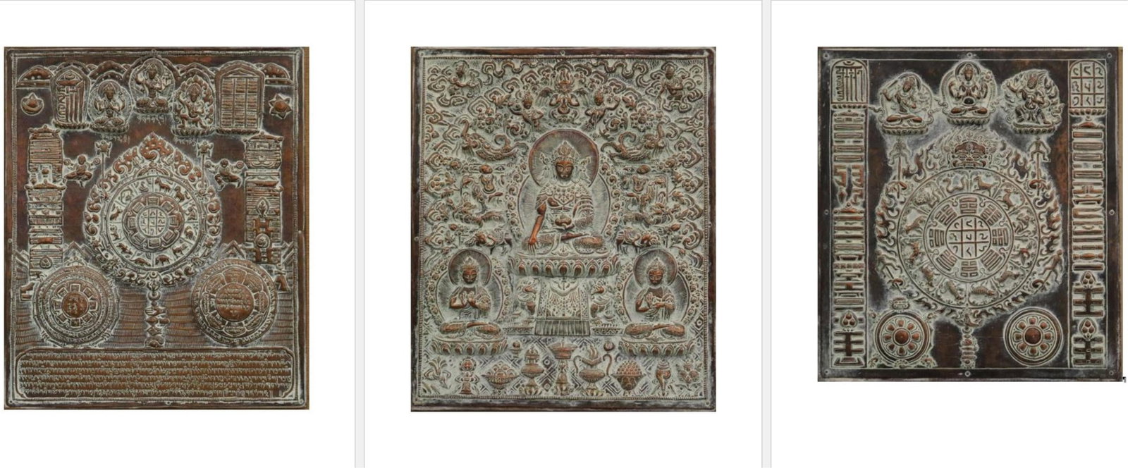 NEPALESE REPOUSEE HINDU AND BUDDHIST ICONOGRAPHY PANELS malleable metal—likely copper or a similar: NEPALESE REPOUSEE HINDU AND BUDDHIST ICONOGRAPHY PANELS malleable metal—likely copper or a similar alloy This collection of three Nepalese repousse panels showcases the intricate metalworking tradit