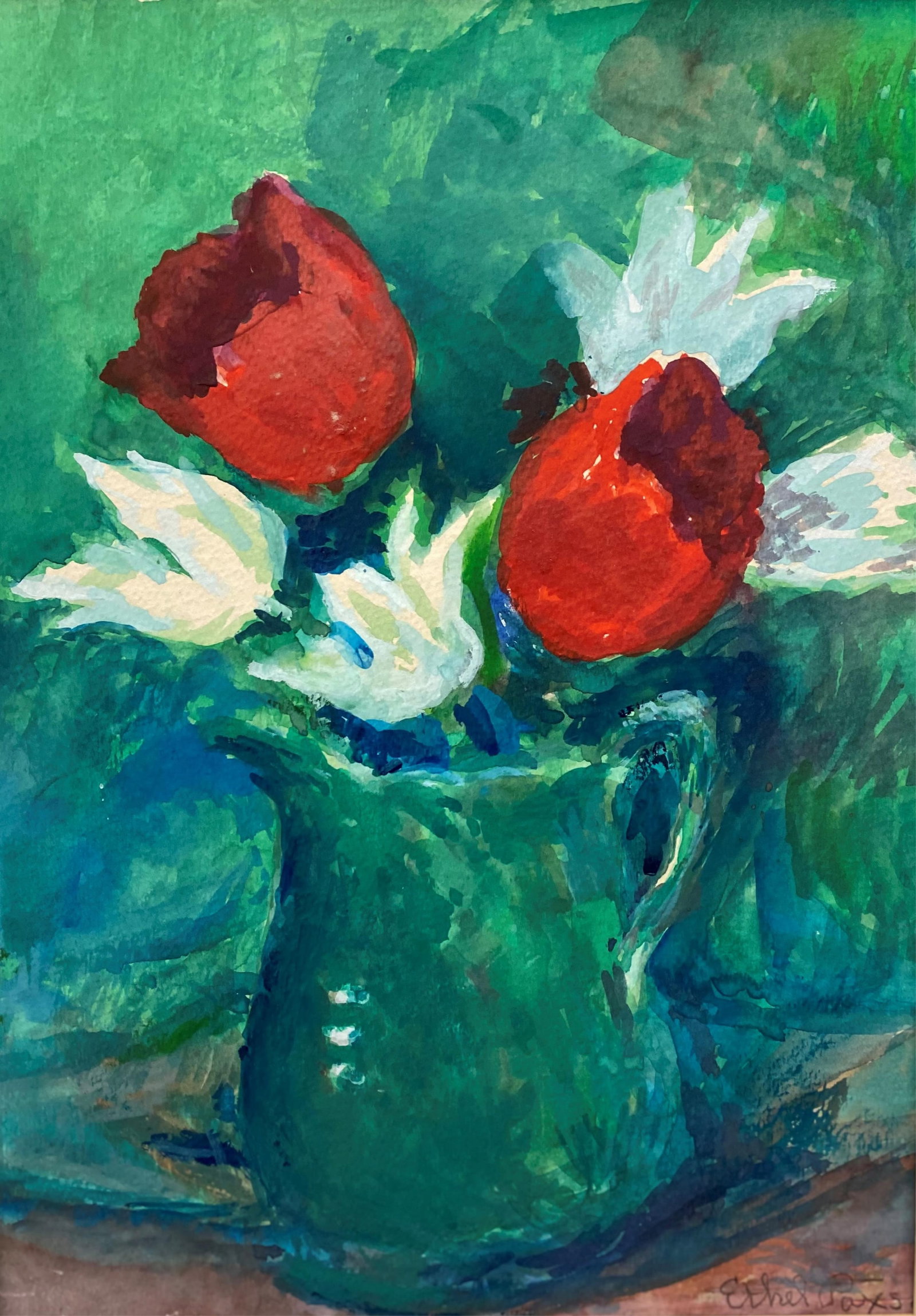 ETHEL EASTON PAXSON, (American 1885–1982). Floral Study in Green and Red, Watercolor and gouache: ETHEL EASTON PAXSONAmerican, 1885–1982Floral Study in Green and RedWatercolor and gouacheSigned lower right. The composition centers on a teal-green pitcher brimming with a pair of brilliant red tul