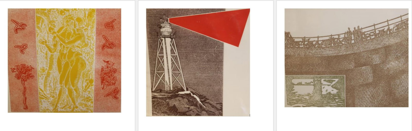 JACK PERLMUTTER, (American 1920–2006). Three works: "Adam and Eve," "Lighthouse," and "Under the: JACK PERLMUTTERAmerican, 1920–2006Three works: "Adam and Eve," "Lighthouse," and "Under the Bridge"Artist proof; embossed etchings and aquatintSet of three artworks. All are artists proofs and have