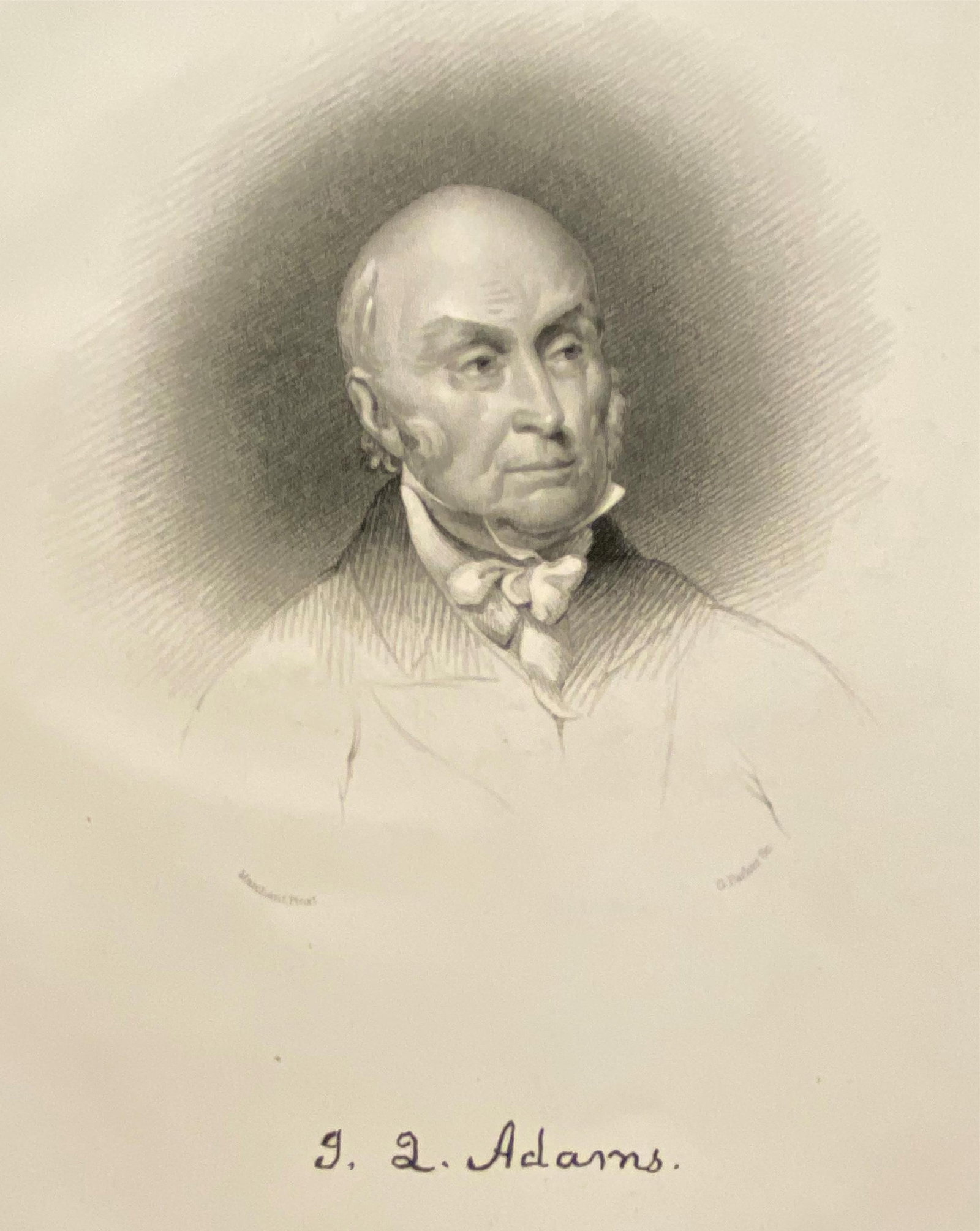 JOHN QUINCY ADAMS, circa 1860 line and stipple engraving - Image: 6.5 x 5 inches; sheet: 10 x 7.25: JOHN QUINCY ADAMS, circa 1860 line and stipple engraving Unframed. This image depicts John Quincy Adams (1767–1848), the sixth president of the United States, who served from 1825 to 1829. The artwo