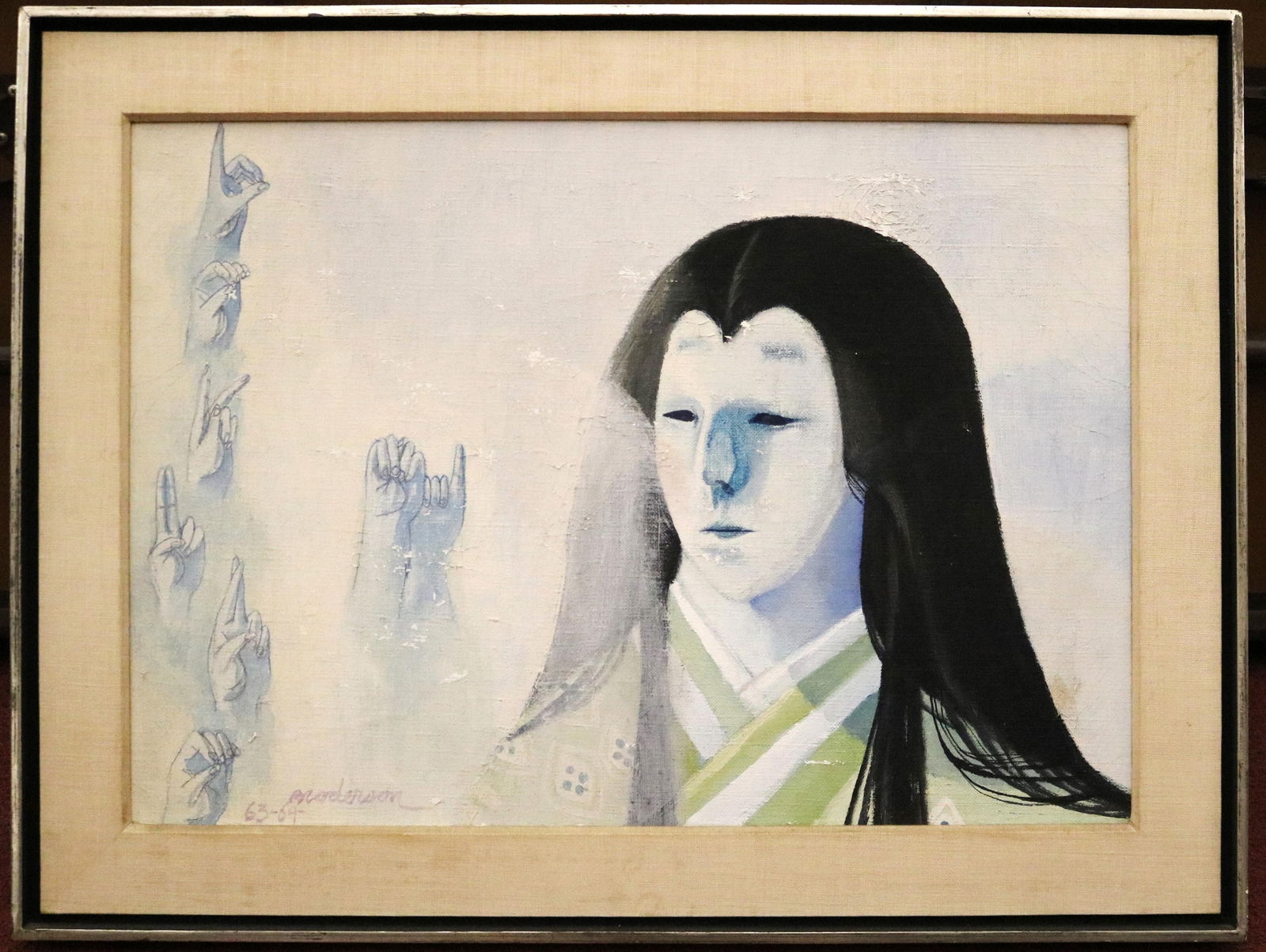 ROBERT BRODERSON, (American 1920 - 1992). Noh Figure with Hands, 1962-64, Oil on canvas., artwork:: ROBERT BRODERSONAmerican, 1920 - 1992Noh Figure with Hands, 1962-64Oil on canvas.(for restoration). Signed and dated lower left. The painting centers on a figure donning a pale, mask-like face reminis