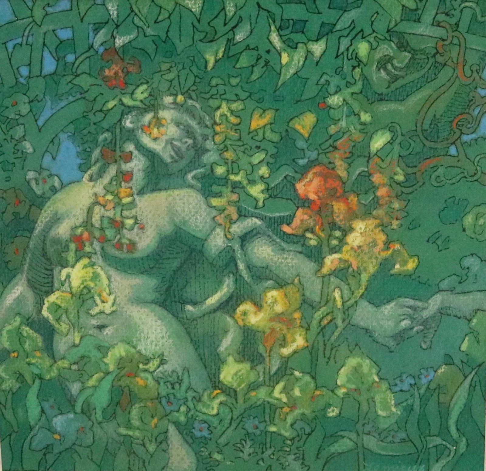 SUZANNE LEMIEUX, (American born 1940). Venus and Bacchus Intertwined within a Lush Garden, Pastel on (1 of 14)