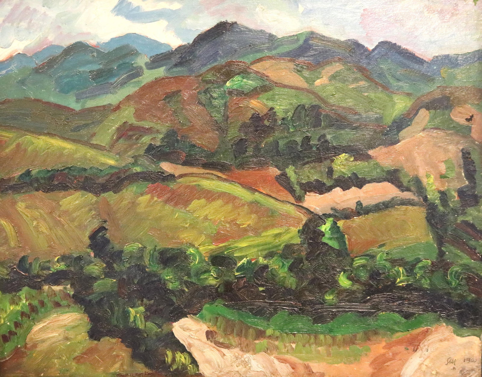 AMERICAN SCHOOL , (20th Century). Rolling Hills and Distant Peaks, 1960, Oil on board, 16 x 20: AMERICAN SCHOOL20th CenturyRolling Hills and Distant Peaks, 1960Oil on boardSigned SAM (?) and dated lower right hand corner. This oil painting presents an expansive mountain landscape rendered with a