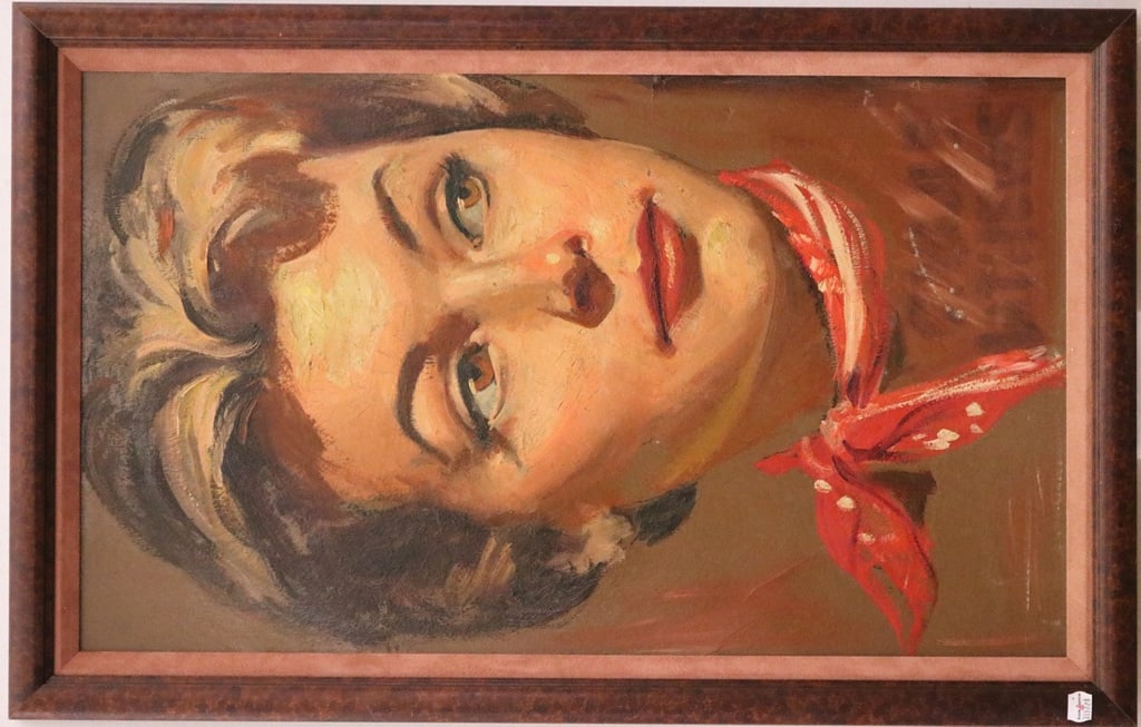 AMERICAN SCHOOL (20th century). CAROLE MATHEWS FROM GIRL OF SUMMER, 1995, Inscribed by sitter. Oil: AMERICAN SCHOOL (20th century). CAROLE MATHEWS FROM GIRL OF SUMMER, 1995, Inscribed by sitter. Oil on board. Framed. - 28" x 16.5"; Frame: 30.5" x 19.5"Carole Mathews starred with Mike Conners in the