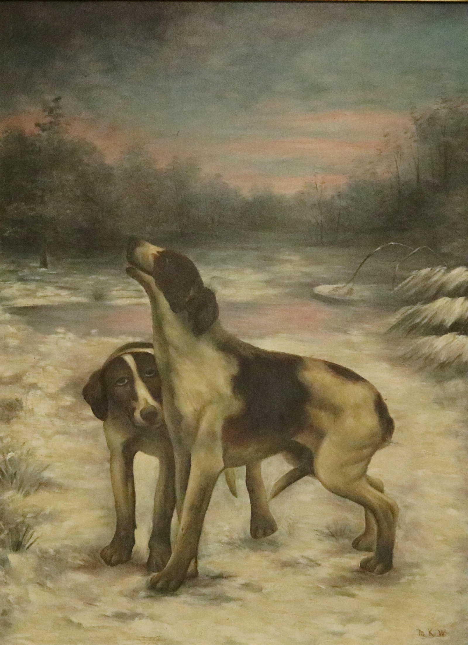 AMERICAN SCHOOL , (Early 20th Century). A Pair of English Pointers, 30 x 39 inches (excluding frame): AMERICAN SCHOOLEarly 20th CenturyA Pair of English PointersOil on canvas. Signed “M.K.W.” lower right hand corner. Framed.30 x 39 inches (excluding frame)