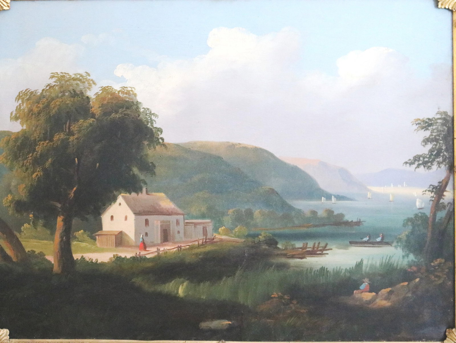 AMERICAN SCHOOL , (Hudson River School-style painting). Small, white farmhouse nestled at the foot: AMERICAN SCHOOLHudson River School-style paintingSmall, white farmhouse nestled at the foot of rolling hillsOil on canvas.19th/20th century oil on canvas. Quintessential example of a Hudson River Scho