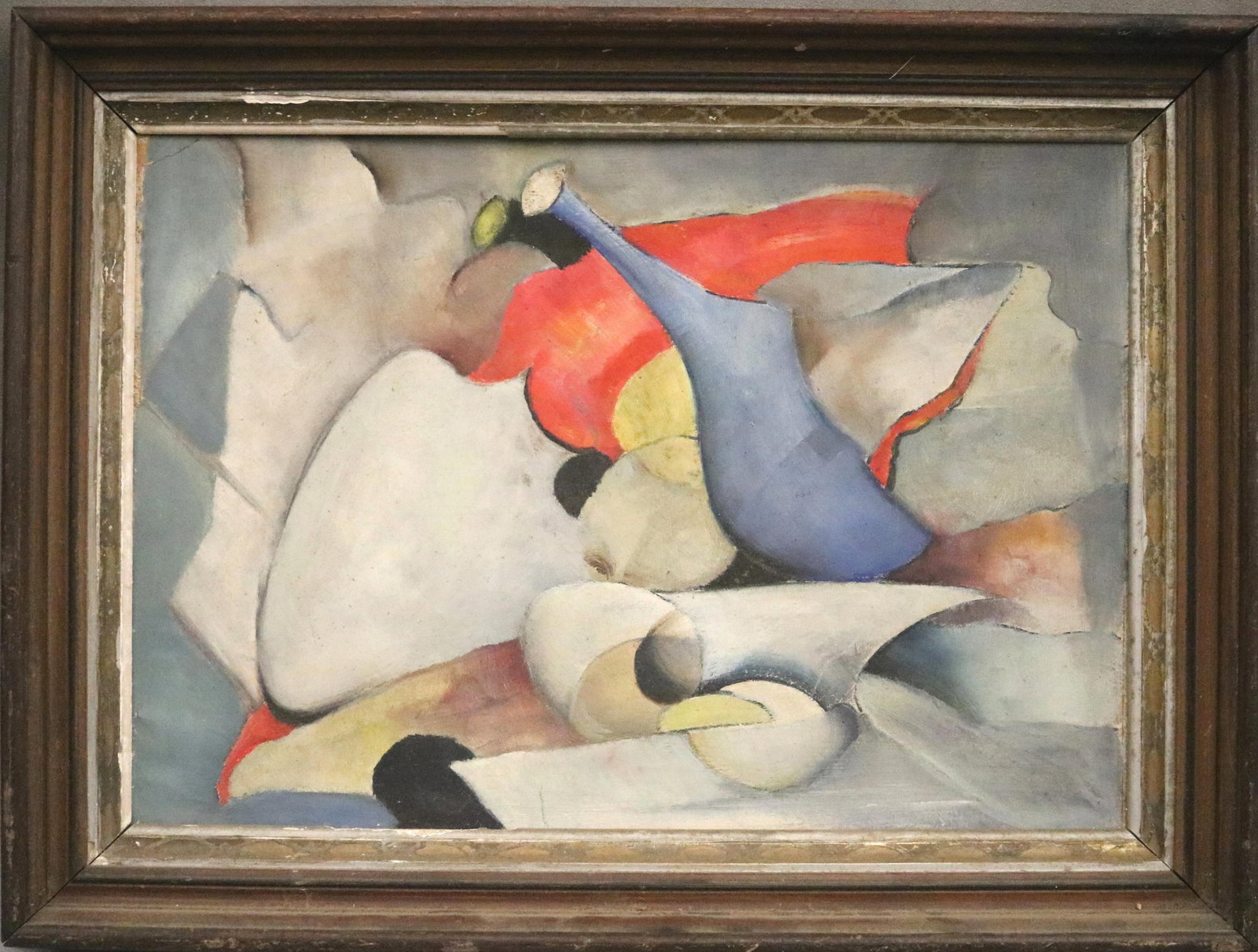 AMERICAN SCHOOL , (Mid-20th century). Abstract with Purple Container, Artwork: 13.5 x 19.75 inches;: AMERICAN SCHOOLMid-20th centuryAbstract with Purple ContainerThis abstract painting utilizes a soft, muted color palette dominated by shades of slate gray, cream, and pale yellow, punctuated by bold s