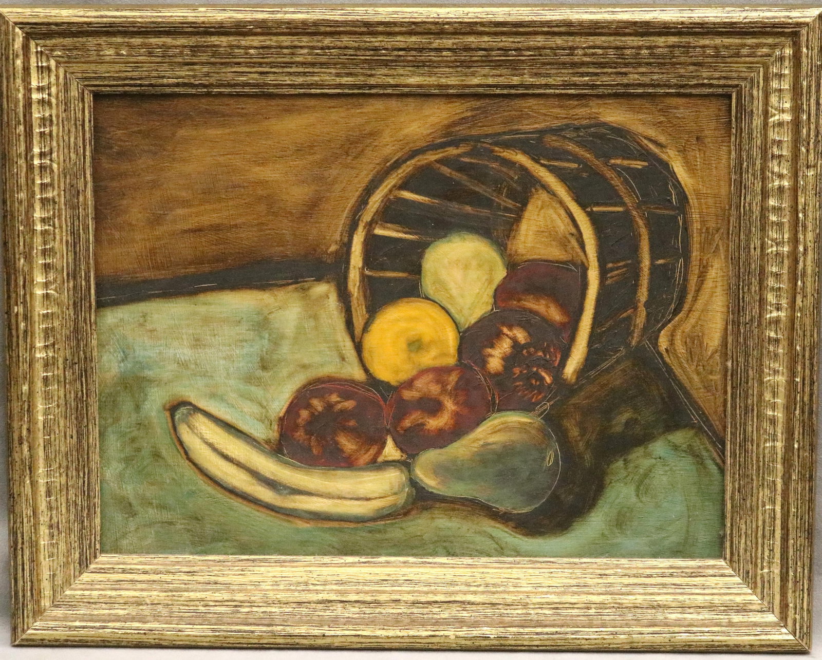 AMERICAN SCHOOL , (Mid-20th century). Still Life with Fruit Spilling from a Woven Basket, Oil on: AMERICAN SCHOOLMid-20th centuryStill Life with Fruit Spilling from a Woven BasketOil on boardStill life painting featuring a rustic arrangement of fruit spilling from a tipped woven basket, set agains