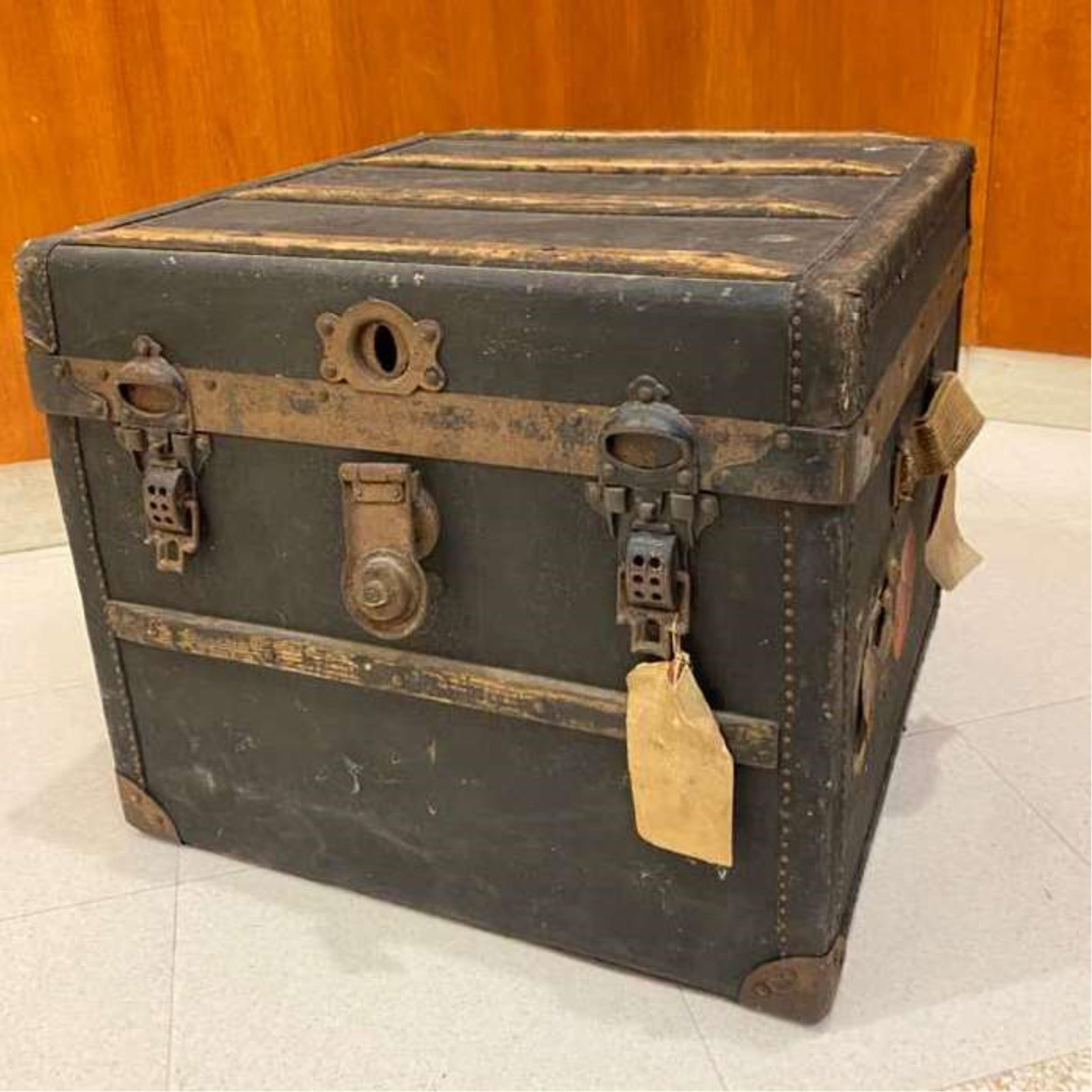 LATE 19TH-EARLY 20TH CENTURY WOODEN STRAP-SIDED CUBE FORM TRUNK - H: 18". Top: 20 1/2"..: LATE 19TH-EARLY 20TH CENTURY WOODEN STRAP-SIDED CUBE FORM TRUNK Made by John Cattnach, New York; labeled. H: 18". Top: 20 1/2".