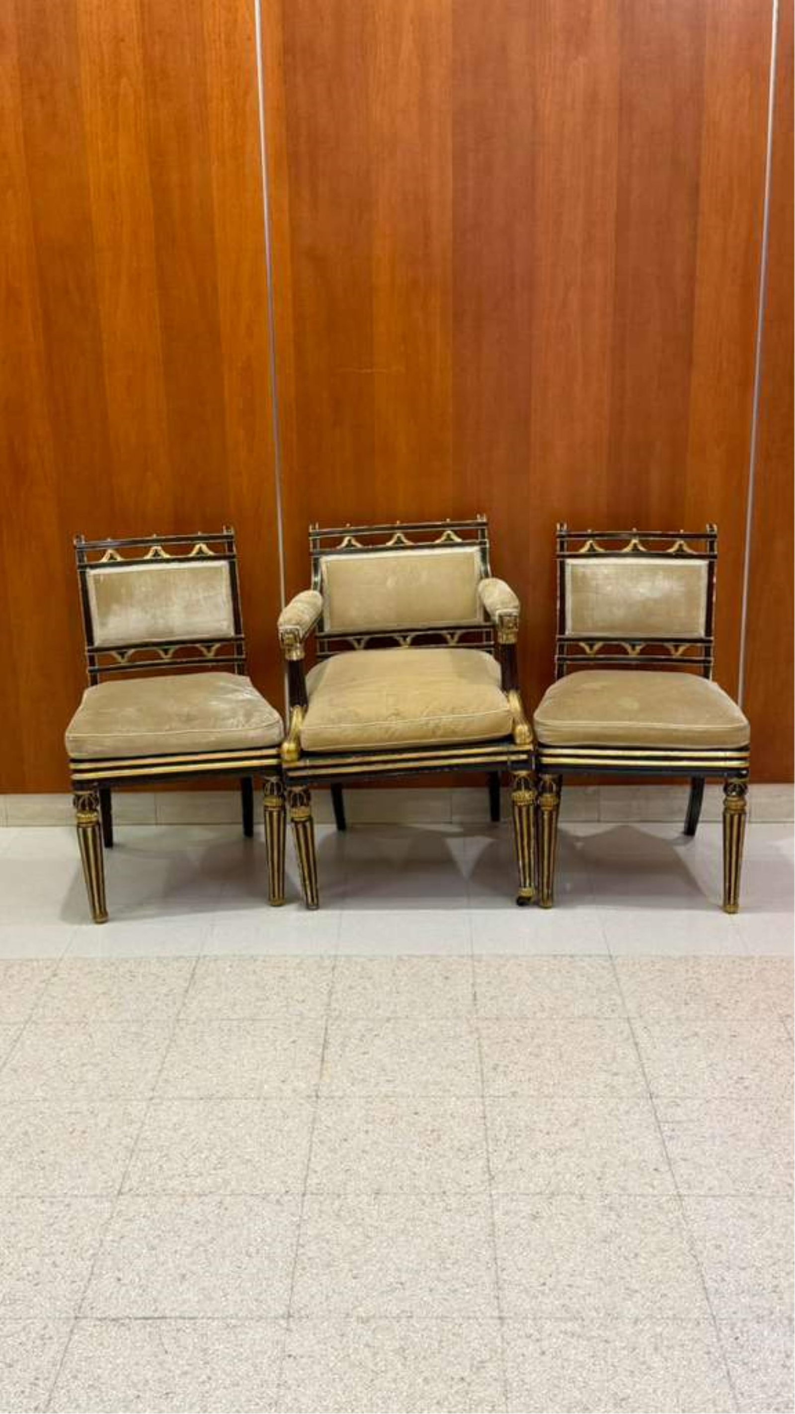 SET TEN ENGLISH REGENCY ROSEWOOD GRAIN-PAINTED, CANE-SEAT CHAIRS: SET TEN ENGLISH REGENCY ROSEWOOD GRAIN-PAINTED, CANE-SEAT CHAIRSTwo open-arm chairs and eight side chairs. Gilt accents; cream color silk velvet upholstery with cream color trim.Provenance: Royal Pavi