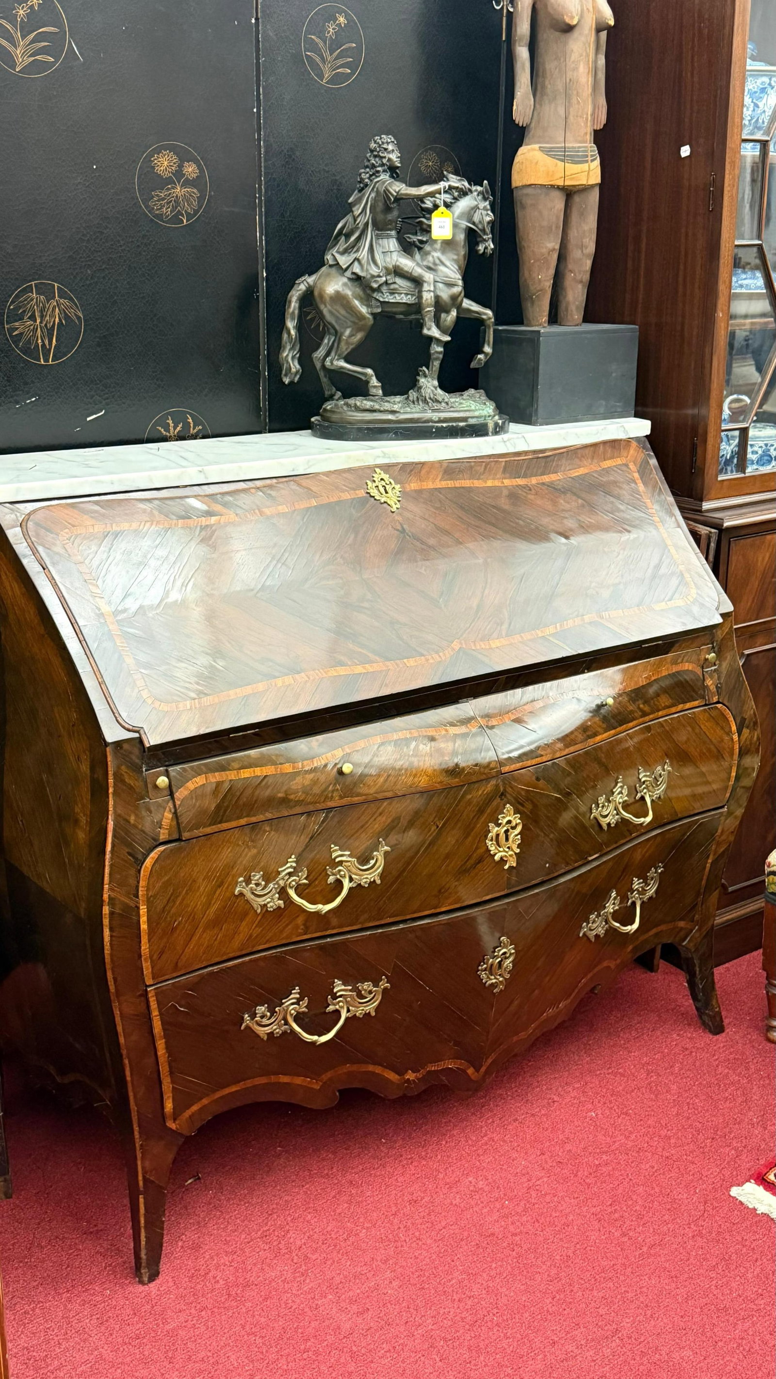LOUIS XV PROVINCIAL ORMOLU-MOUNTED INLAID WALNUT AND PARQUETRY BOMBE BUREAU IN THE ITALIAN STYLE, -: LOUIS XV PROVINCIAL ORMOLU-MOUNTED INLAID WALNUT AND PARQUETRY BOMBE BUREAU IN THE ITALIAN STYLE. Gray-veined white marble top over slant front opening to interior fitted with six pigeonholes and sev