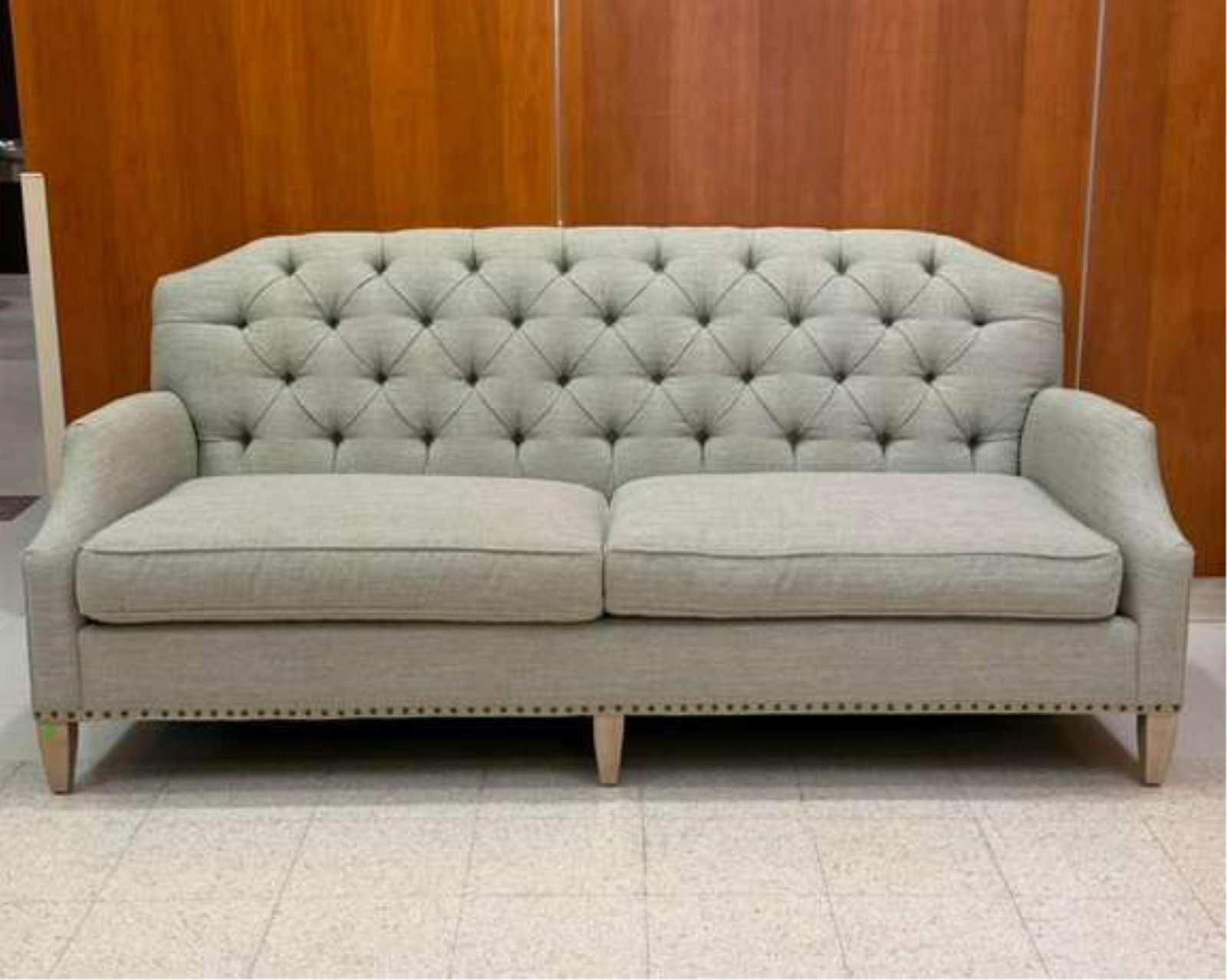 CONTEMPORARY TUFTED, BLUE-GRAY HEATHER FABRIC UPHOLSTERED SOFA - .: CONTEMPORARY TUFTED, BLUE-GRAY HEATHER FABRIC UPHOLSTERED SOFA
