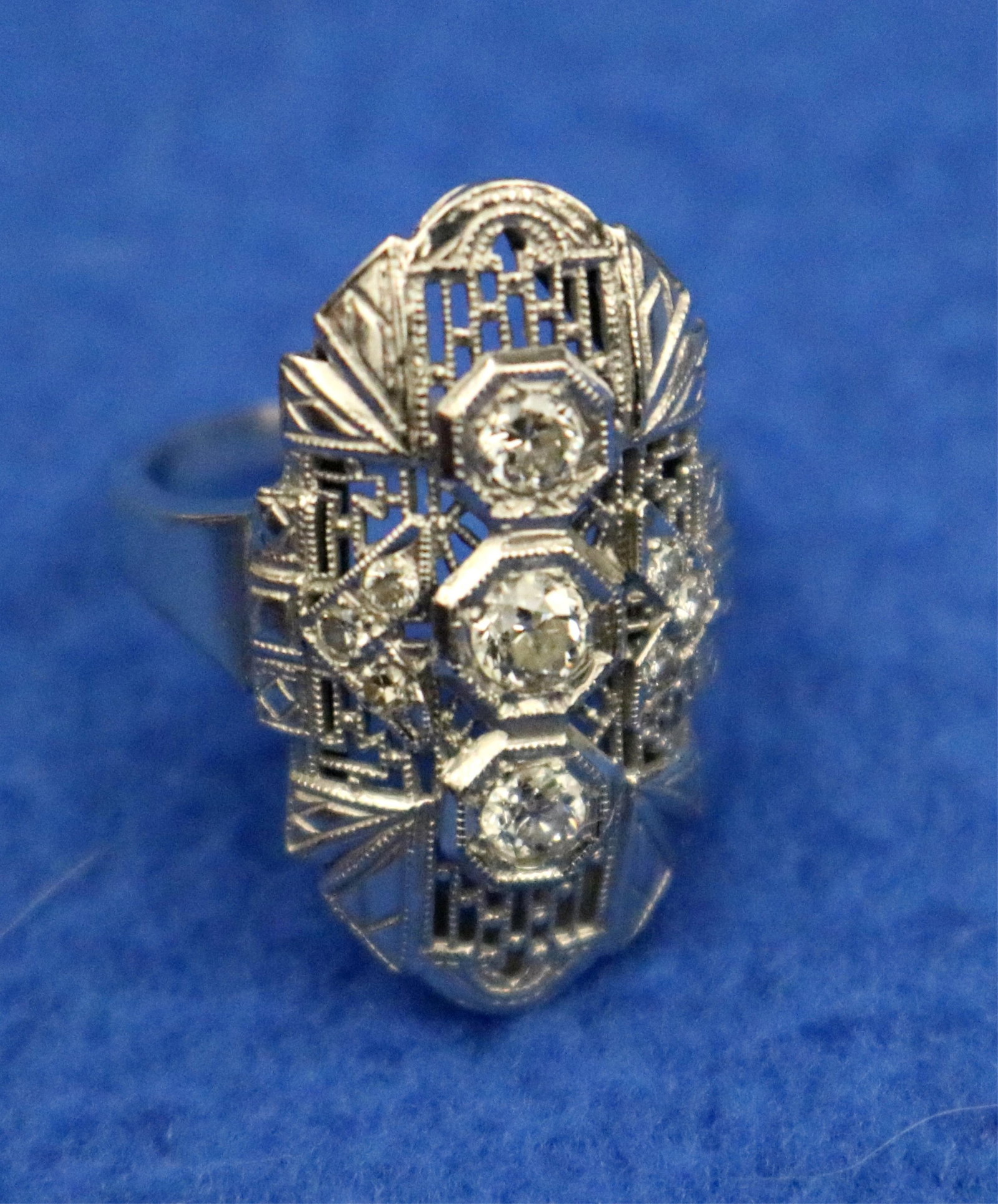 ART DECO 14K WHITE GOLD AND DIAMOND GEOMETRIC DESIGN RING - Ring size: 3 1/2. Gross wt. 2 dwt. (1 of 10)