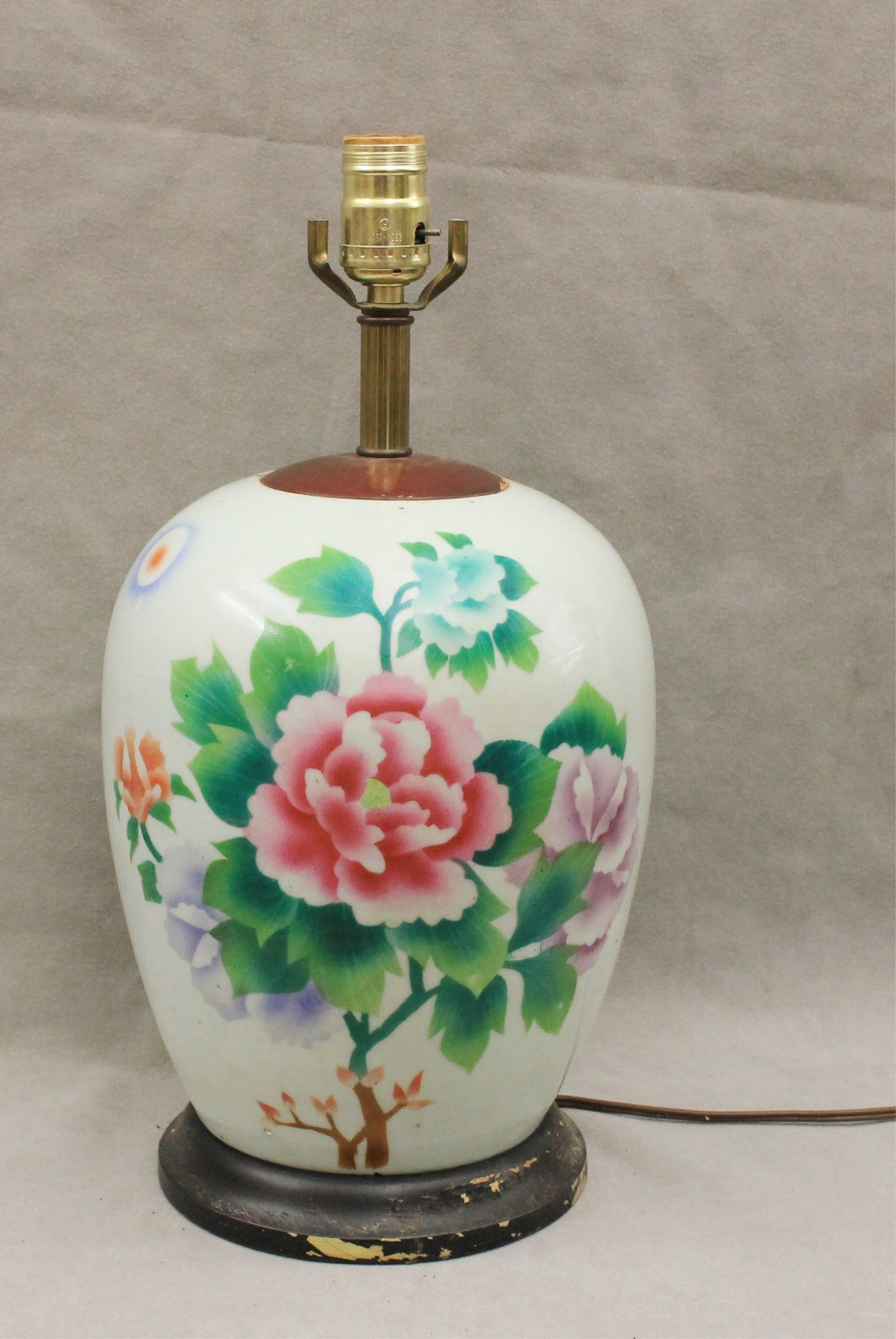 CHINESE POLYCHROME PORCELAIN OVOID JAR MOUNTED AS TABLE LAMP, - Jar portion, H: 10 1/4 in..: CHINESE POLYCHROME PORCELAIN OVOID JAR MOUNTED AS TABLE LAMP Flowering branch decoration with poem in characters. Jar portion, H: 10 1/4 in.