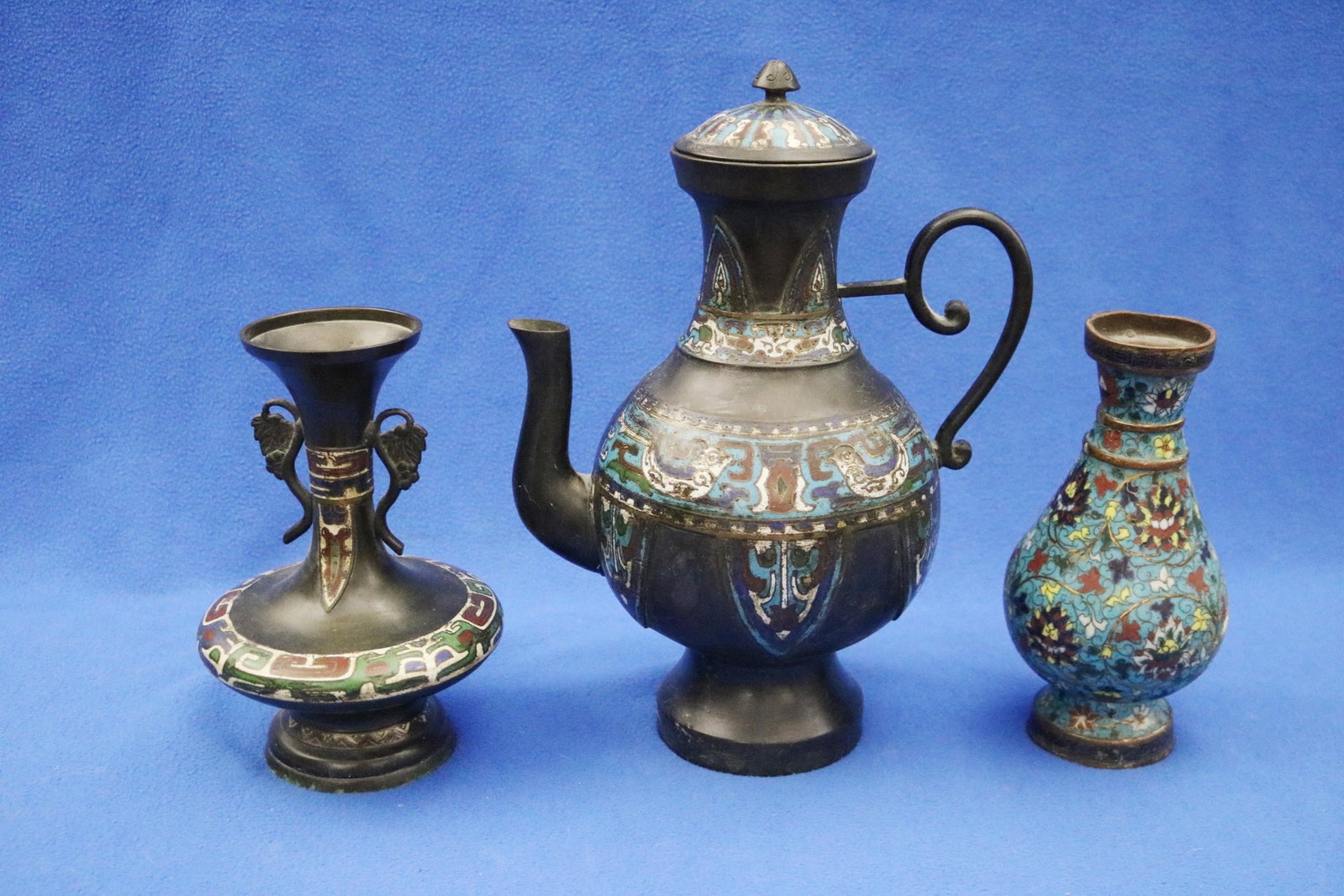 FOUR PIECES CHINESE CLOISONNE AND CHAMPLEVE ENAMEL - Teapot, H: 13 in..: FOUR PIECES CHINESE CLOISONNE AND CHAMPLEVE ENAMEL Including pedestal-base, baluster-form teapot with lift-cover; and three various vases. Teapot, H: 13 in.