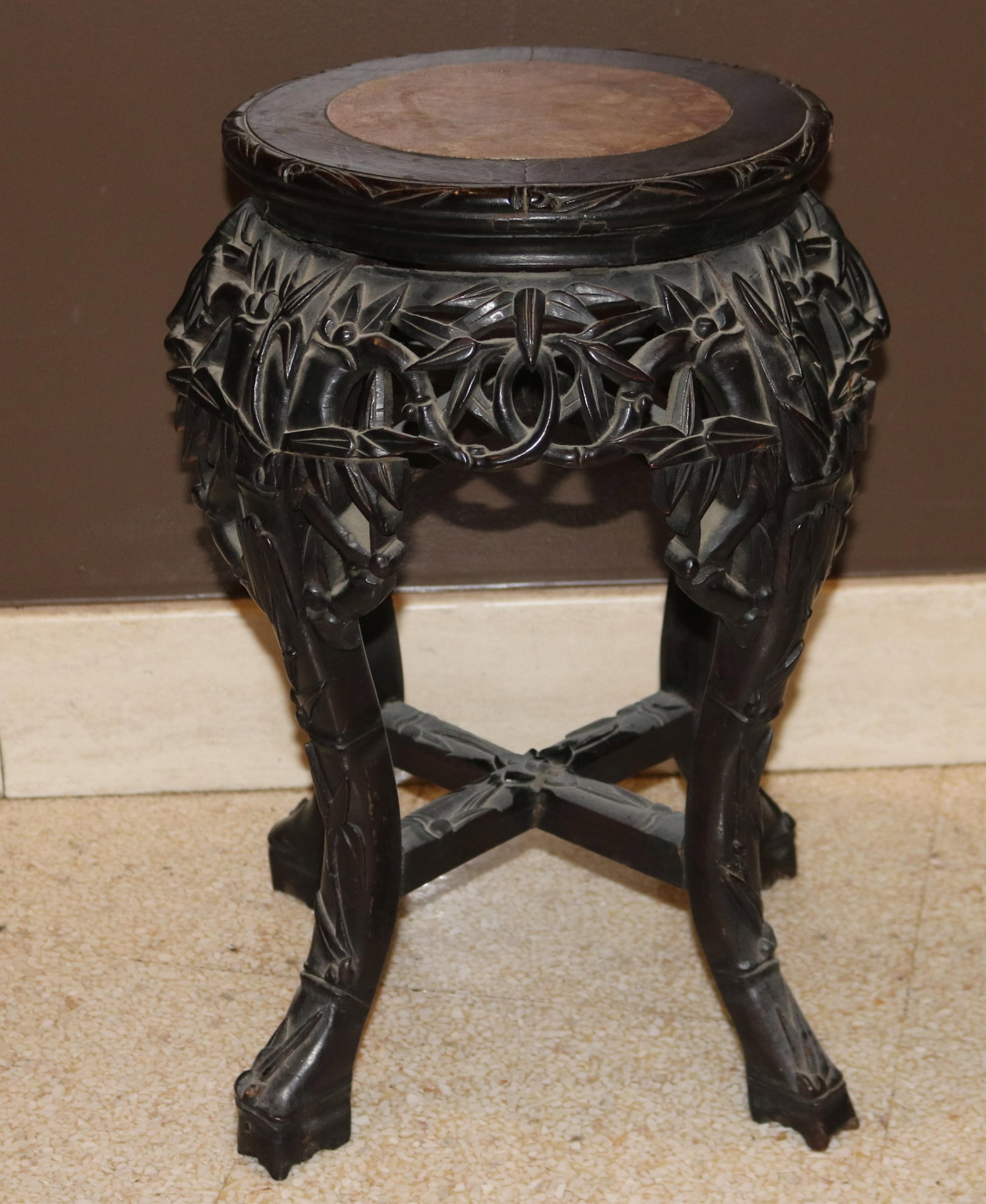 CHINESE CARVED AND PIERCED TEAKWOOD TABOURET late 19th century - H: 19 in. D: 13 in., overall. (1 of 6)