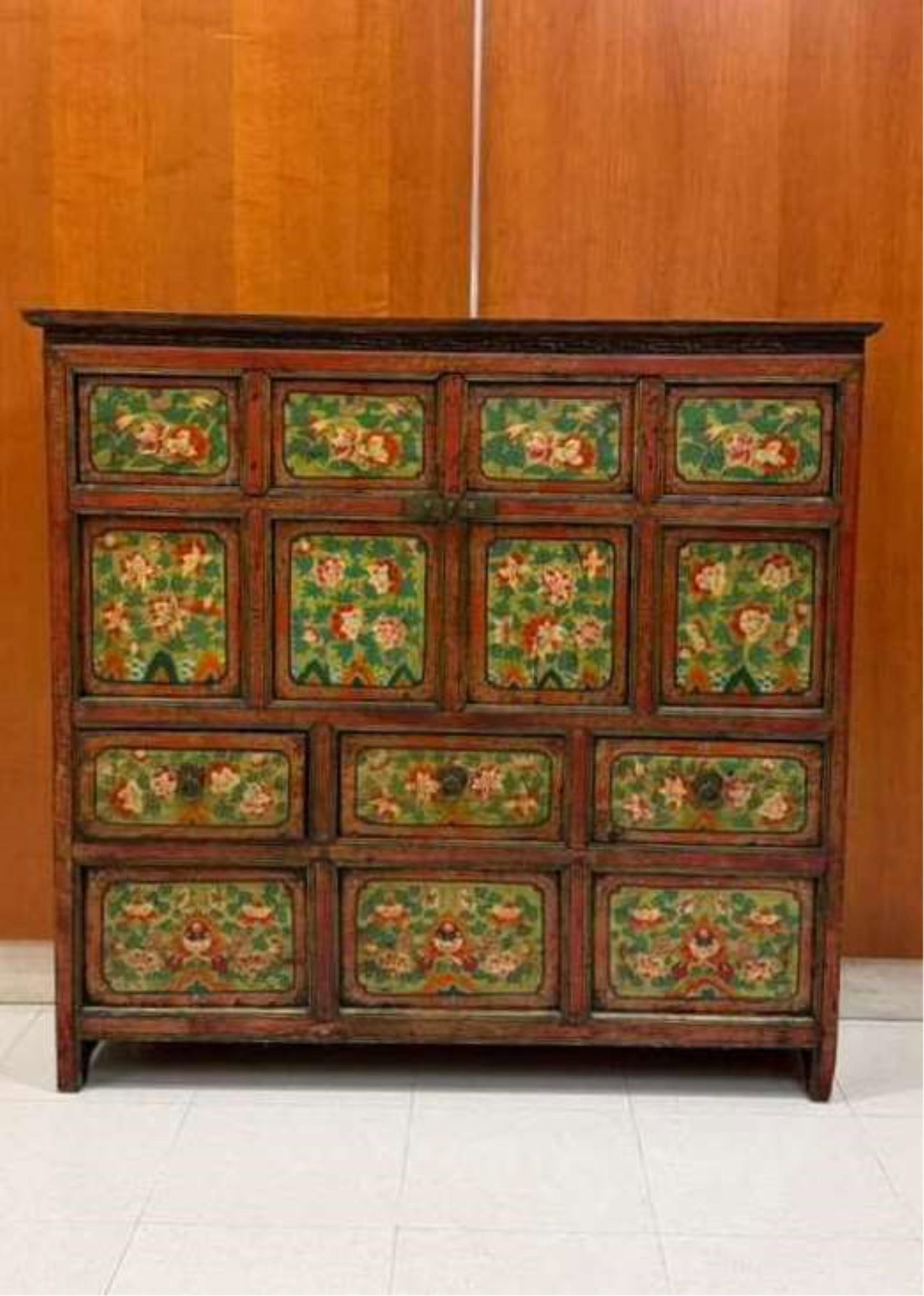 TIBETAN POLYCHROME FLORAL PAINTED PINE TWO-DOOR THREE-DRAWER CABINET - H: 42 1/2 in. W: 44 1/2 in. (1 of 7)