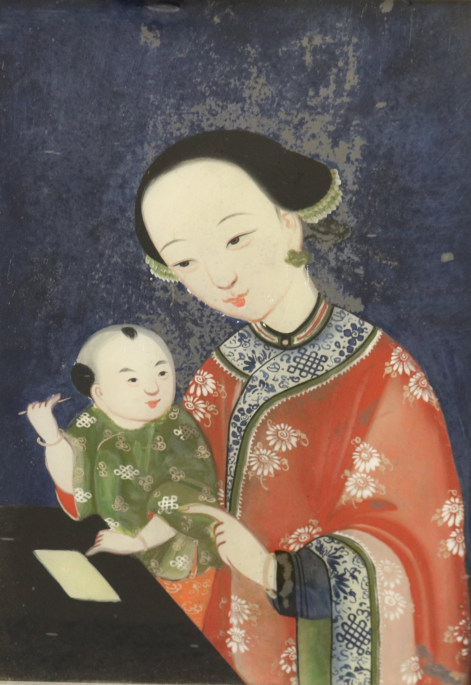 REVERSE GLASS PAINTING DEPICTING MOTHER AND CHILD, QUING DYNASTY - . (1 of 8)