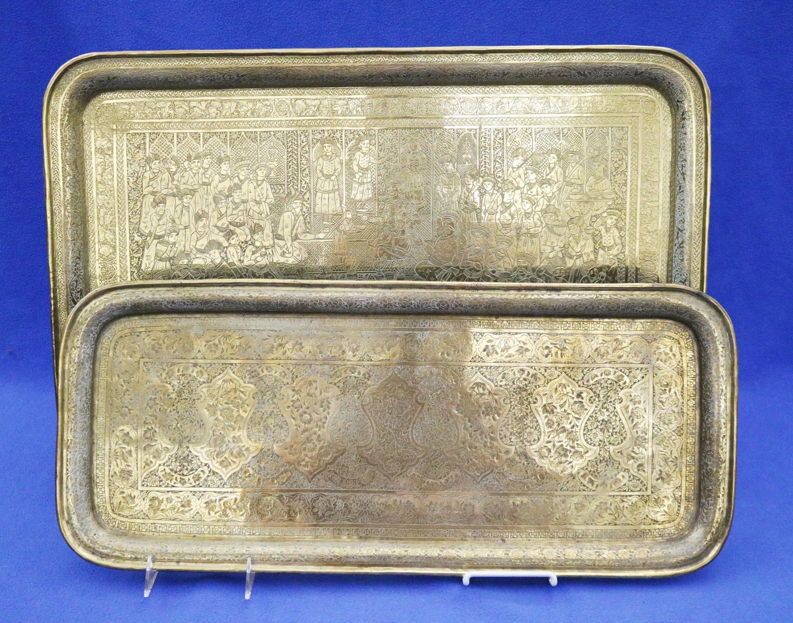 TWO VINTAGE INDIAN BRASS RECTANGULAR TRAYS - . - 2