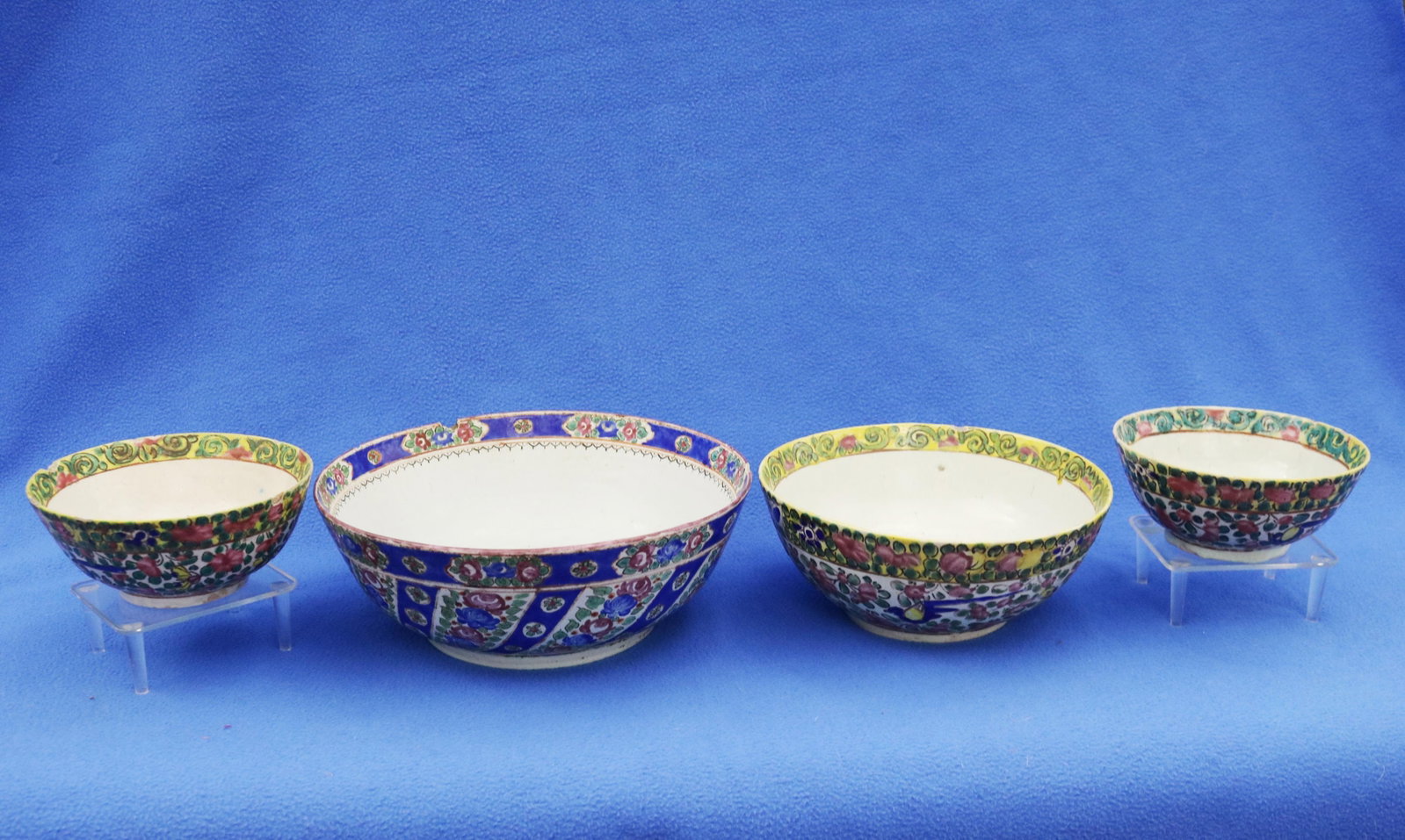 FOUR ANTIQUE PERSIAN CERAMIC BOWLS WITH HAND-PAINTED POLYCHROME FLORAL DECORATION - Largest, D; 10 (1 of 11)