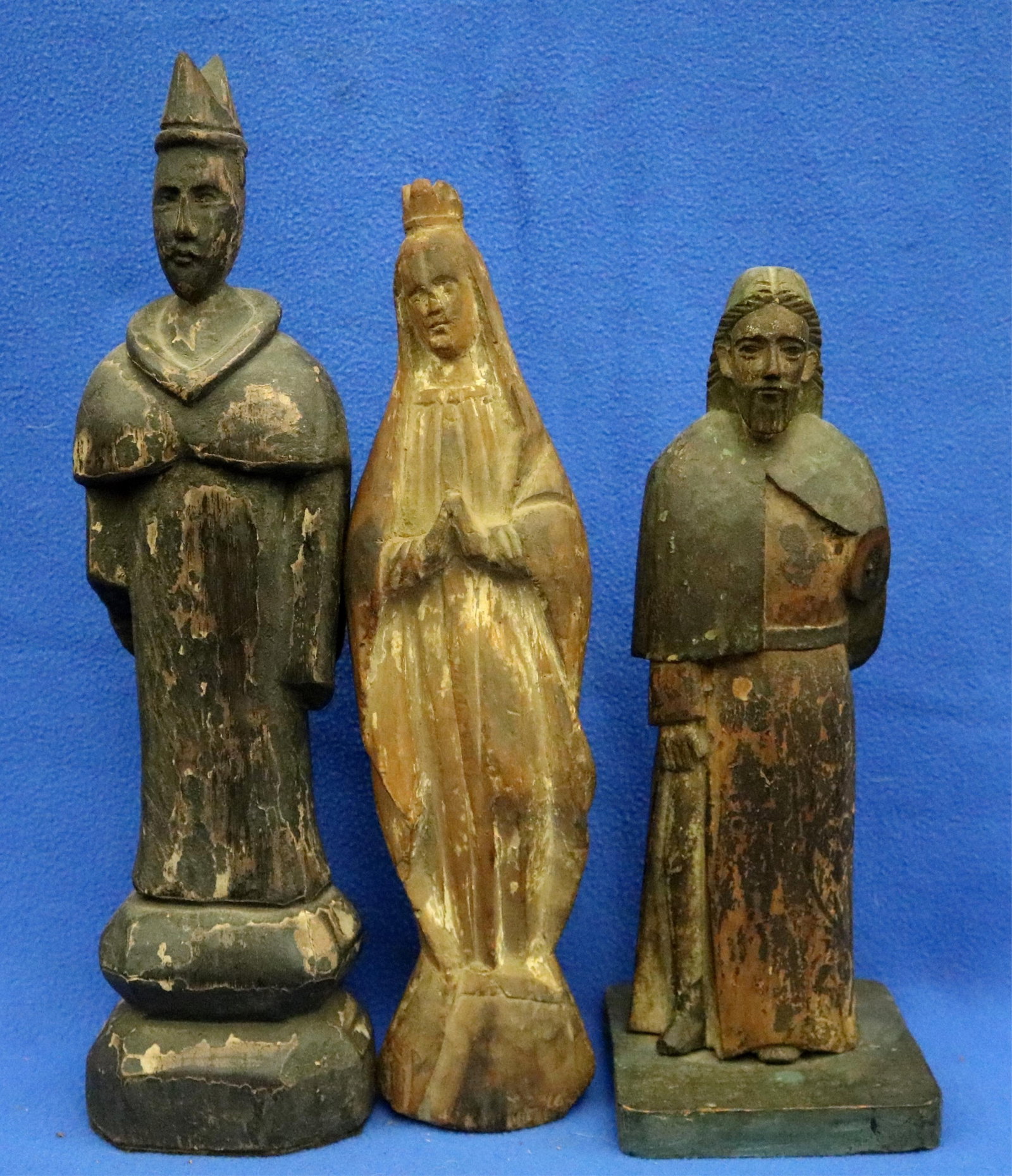THREE HAND-CARVED WOODEN DECORATED RELIGIOUS SANTOS: THE VIRGIN MARY AND OTHERS - tallest statue (1 of 14)
