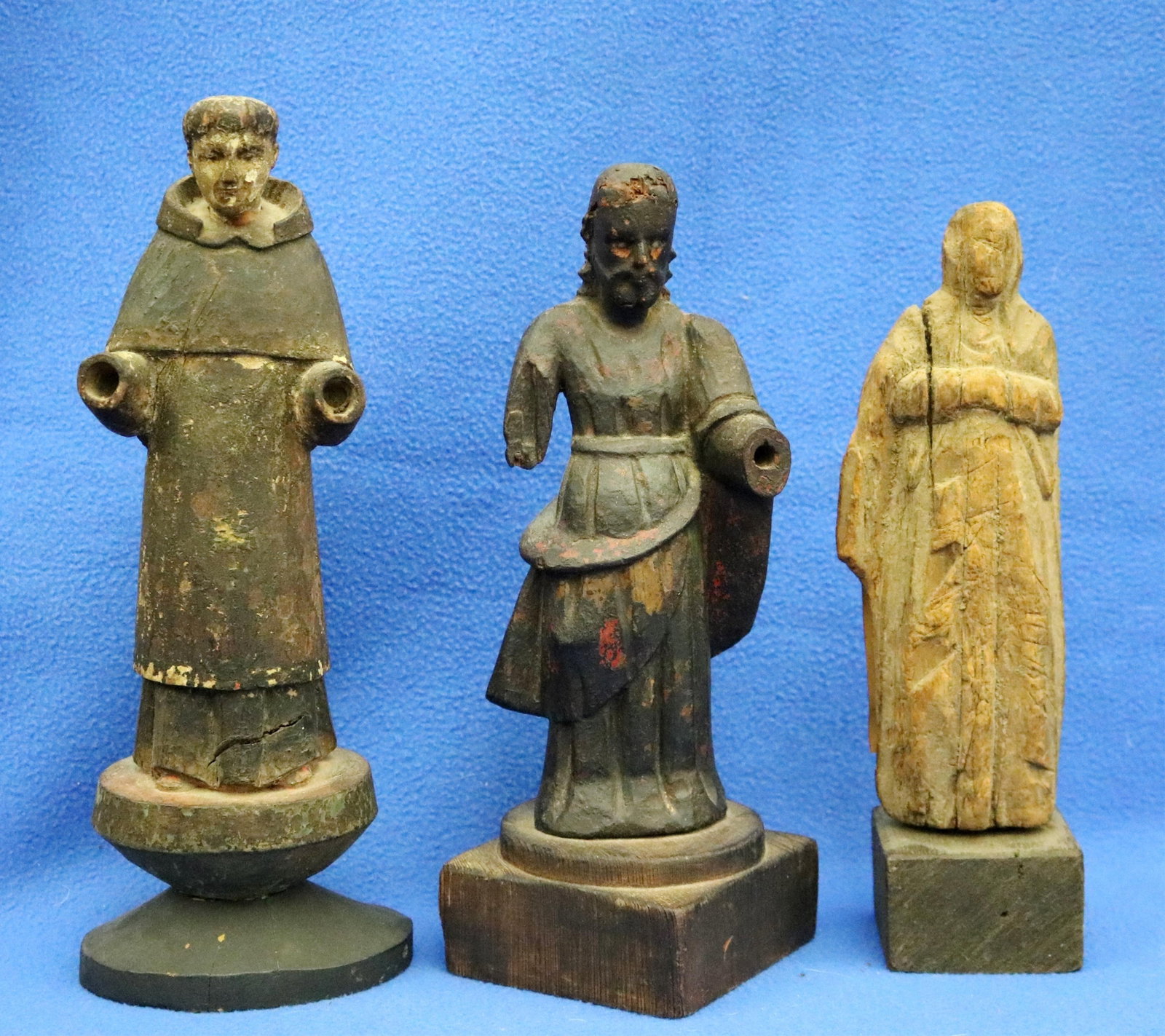 THREE WEATHERED HAND-CARVED RELIGIOUS FIGURINES OR SANTOS. - . (1 of 20)