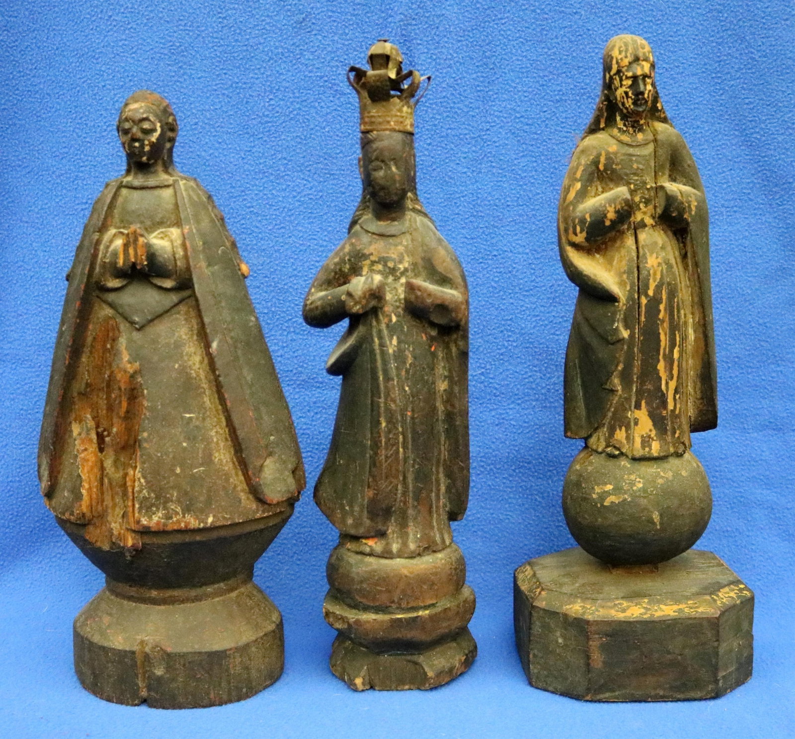 THREE WOODEN SANTO FIGURINES DEPICT FEMALE RELIGIOUS FIGURES - Height (approx.) 13.5 inches. (1 of 20)