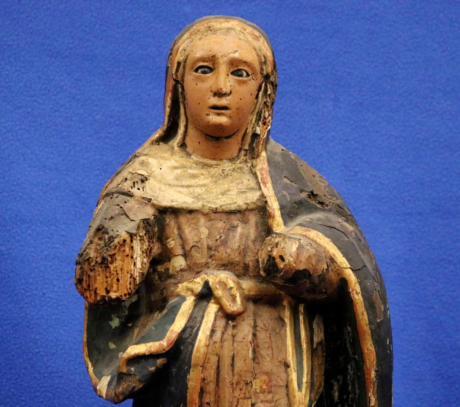 FIGURE OF THE VIRGIN MARY: POLYCHROMED WOOD WITH INSET GLASS DETAIL - Total Height (including base): (1 of 20)
