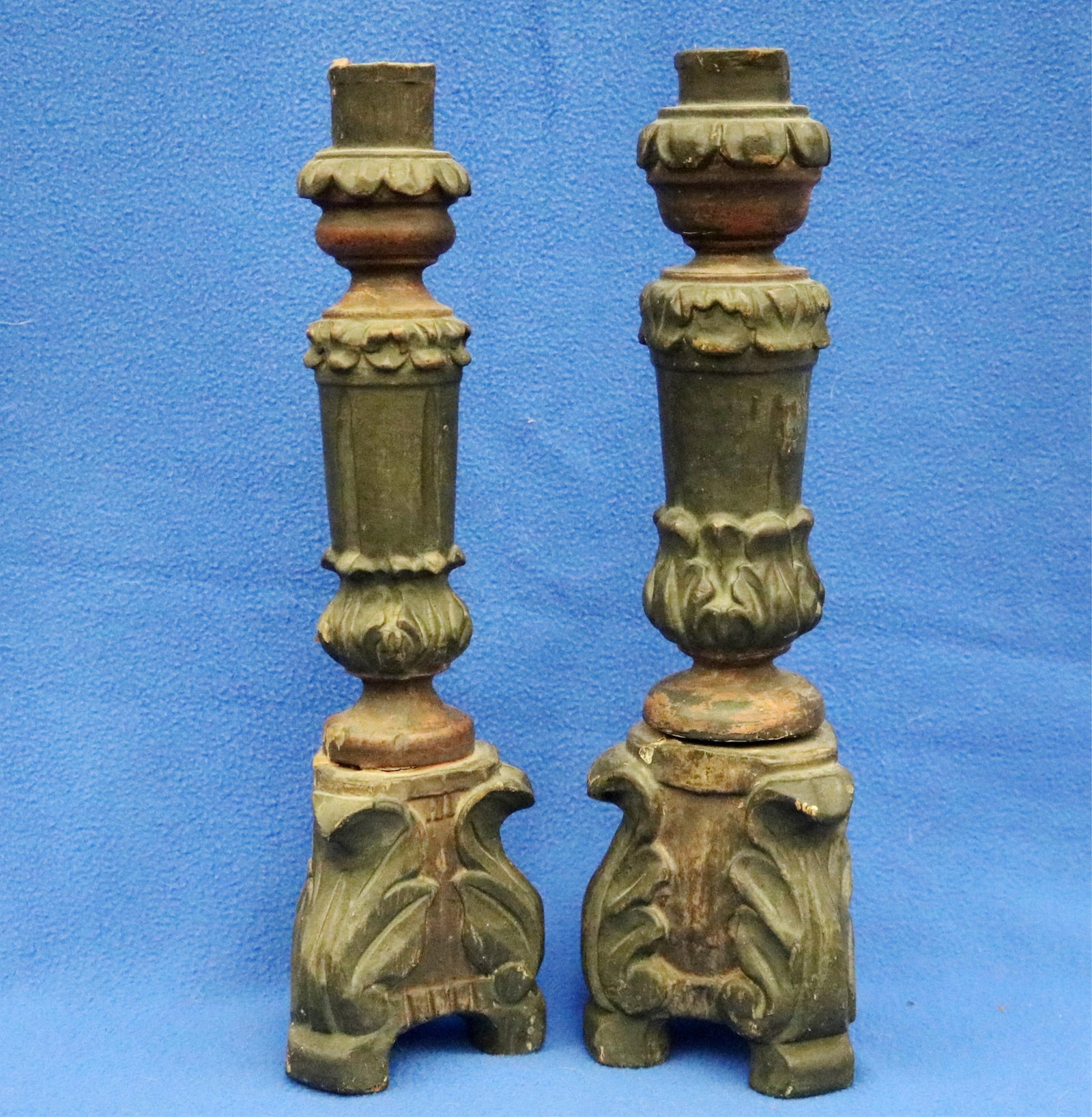 PAIR OF TWO HAND CARVED WOODEN CHURCH ALTAR CANDLESTICKS 19th / 20th century - Height: 14 inches. (1 of 8)