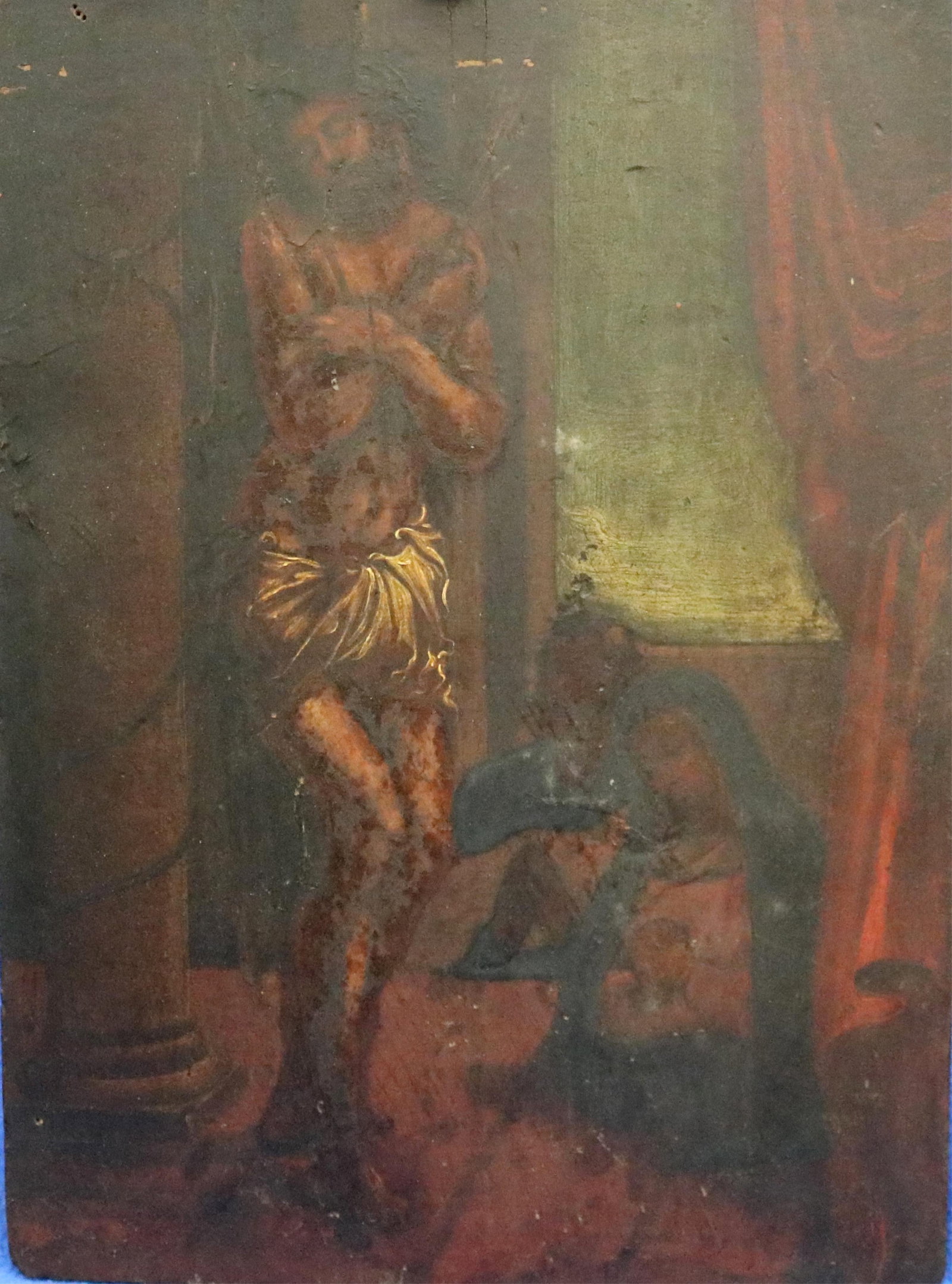 CHRIST AT THE COLUMN WITH MOURNING FIGURES: 19TH-CENTURY DEVOTIONAL RETABLO ON WOOD - 13 x 9.5 (1 of 8)