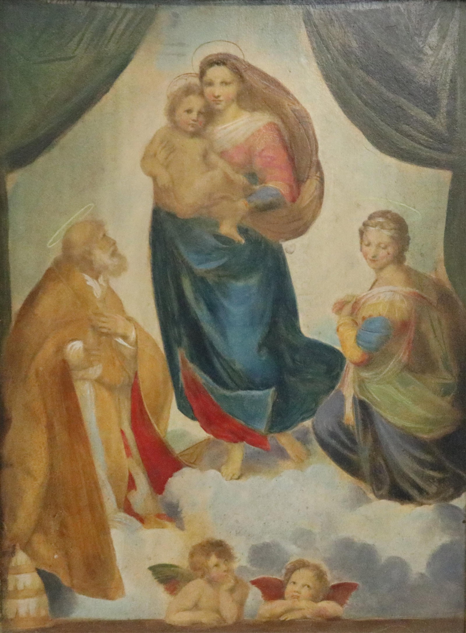 MADONNA DI SAN SISTO FEATURING SIXTUS II, SAINT BARBARA AND MARY WITH CHRIST CHILD, Oil on: MADONNA DI SAN SISTO FEATURING SIXTUS II, SAINT BARBARA AND MARY WITH CHRIST CHILD Oil on canvas-board 19th / 20th century Continental copy of "The Sistine Madonna," also known as the Madonna di San S