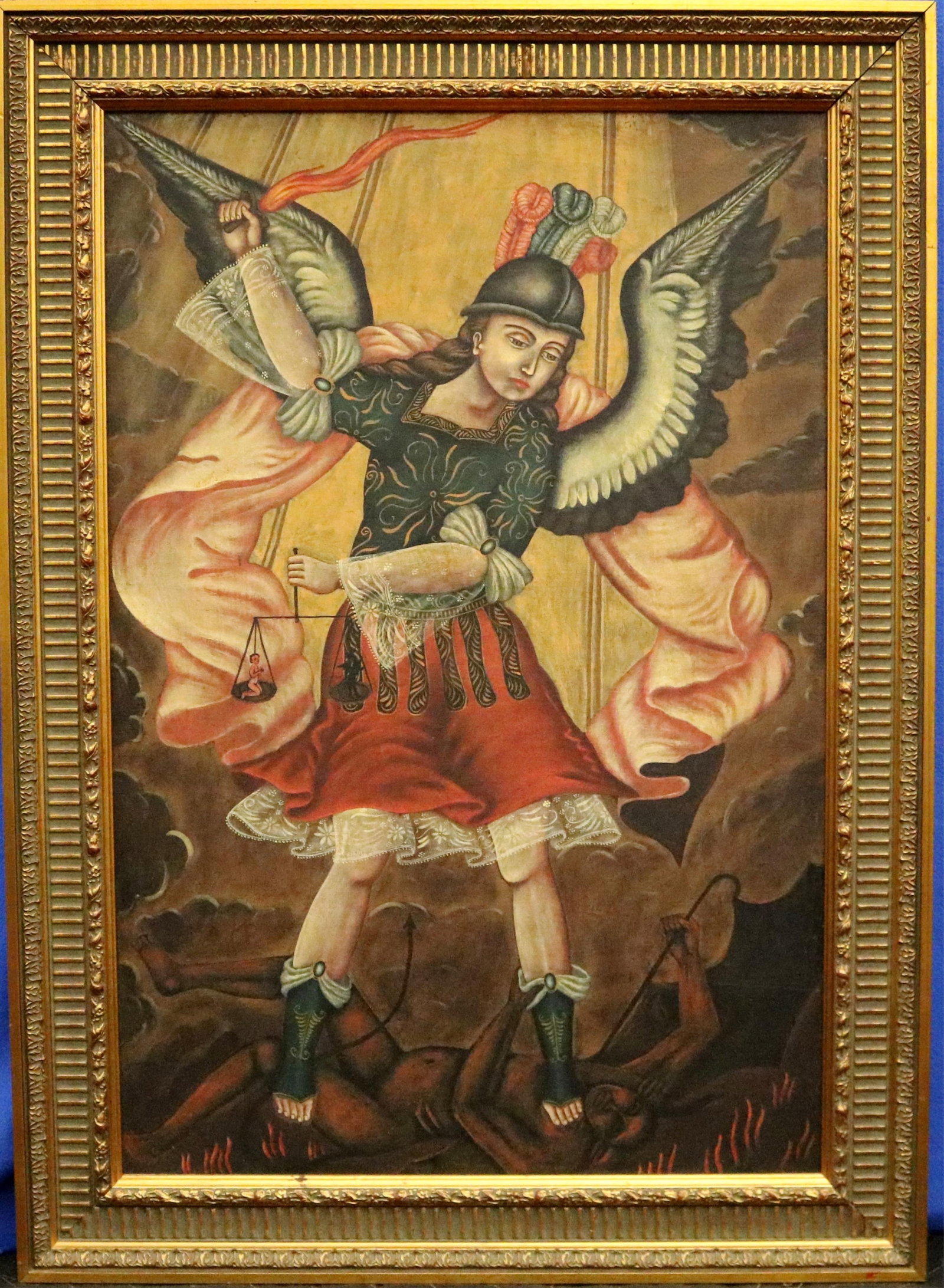 CUZCO-STYLE SCHOOL PAINTING OF SAINT MICHAEL THE ARCHANGEL - 32.5 x 21.5 inches; frame: 39 x 28 (1 of 17)