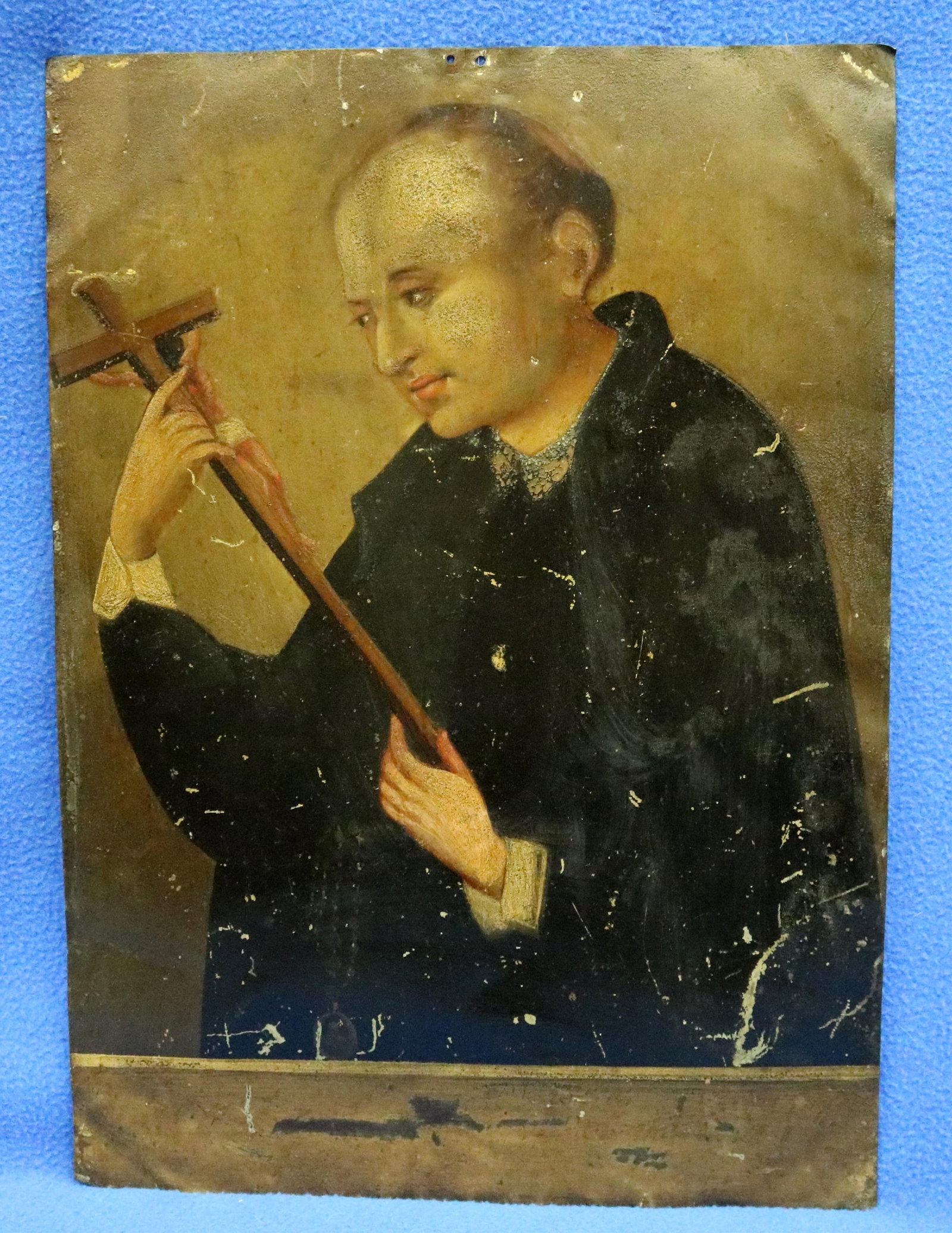 19TH CENTURY OIL-ON-TIN PAINTING POSSIBLY DEPICTING A JESUIT SAINT - 14 x 10 inches. (1 of 10)